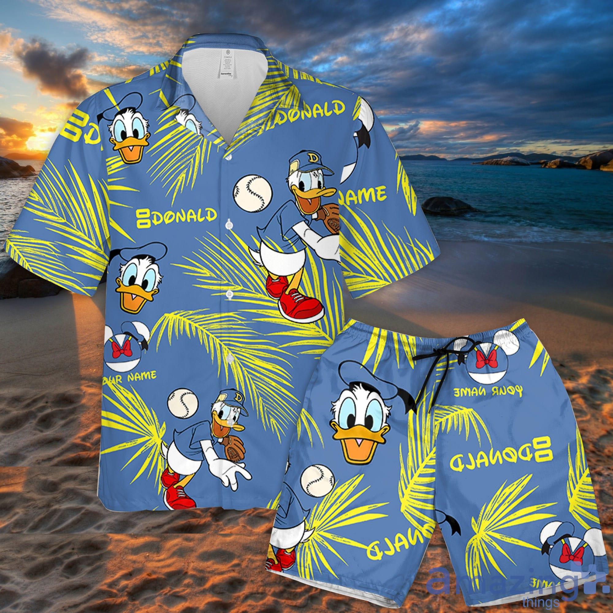 Custom Name Donald Baseball Palm Leaves Pattern 3D All Over Print Combo Hawaiian Shirt And Shorts Disneyland Beach Cute Gifts For Fans Product Photo 1