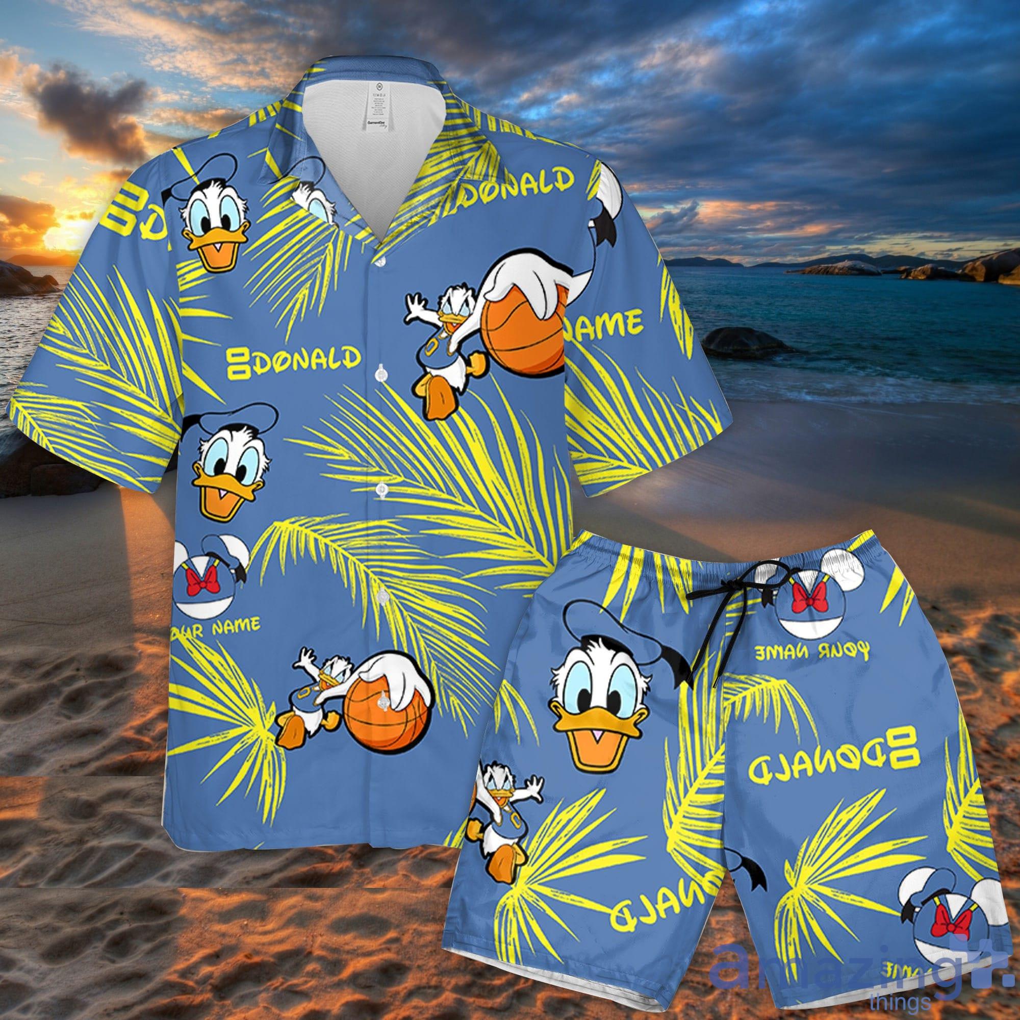 Custom Name Donald Basketball Blue Yellow Palm Leaves Pattern 3D All Over Print Combo Hawaiian Shirt And Shorts Summer Gifts Disney Fans Product Photo 1