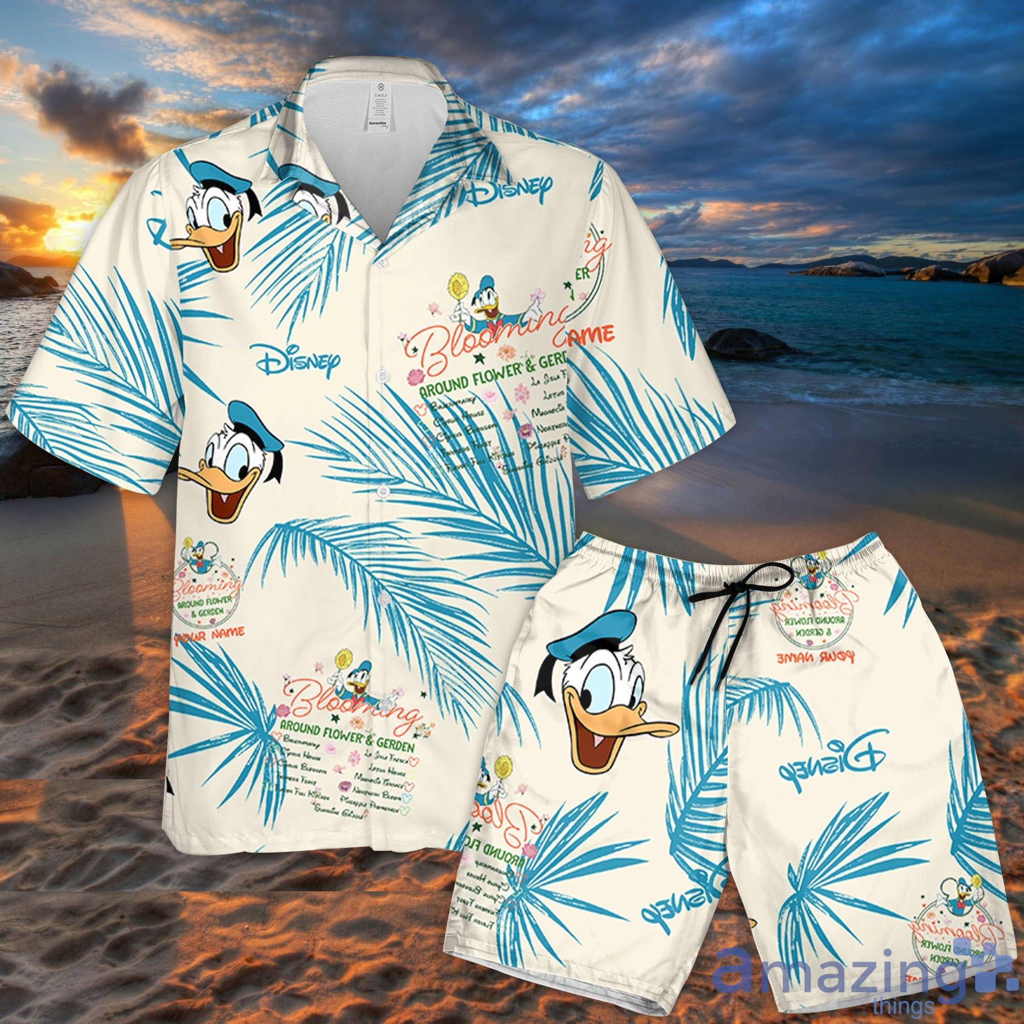 Custom Name Donald Blooming Palm Leaves Pattern 3D All Over Print Combo Hawaiian Shirt And Shorts Disneyland Beach Cute Gifts For Fans Product Photo 1