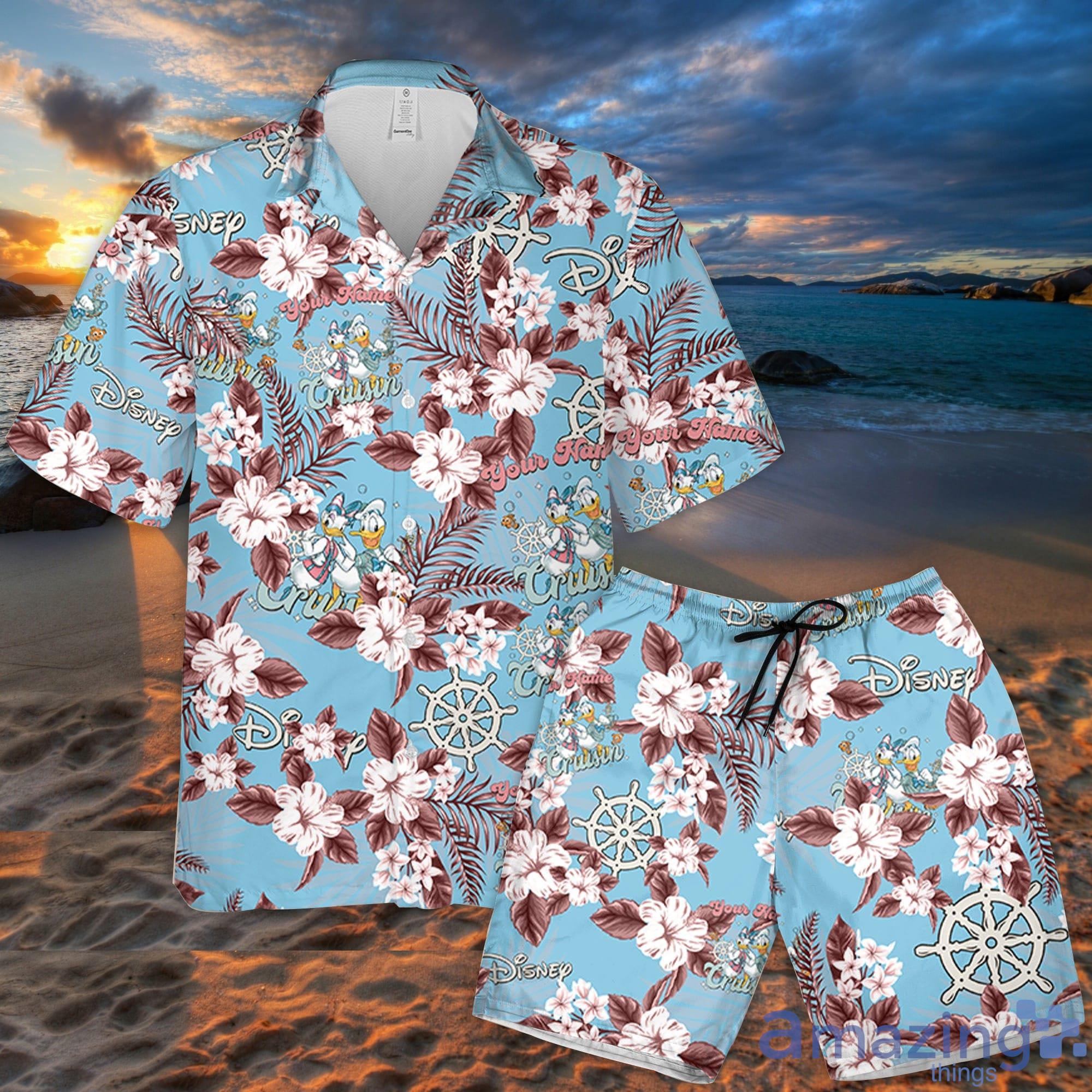 Custom Name Donald Daisy Cruisin Flowers Pattern 3D All Over Print Combo Hawaiian Shirt And Shorts Disneyland Beach Cute Gifts For Fans Product Photo 1