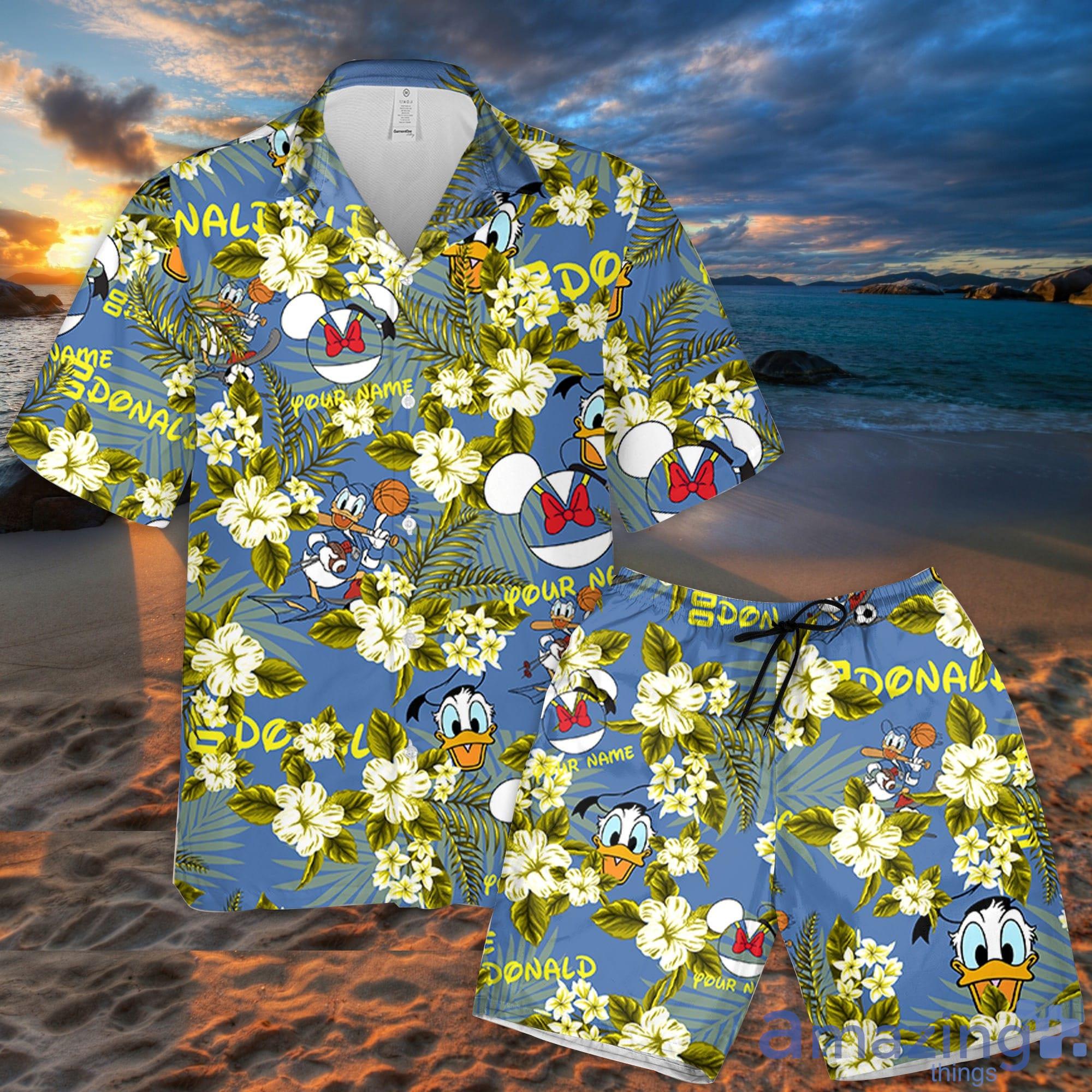 Custom Name Donald Everything Flowers Pattern 3D All Over Print Combo Hawaiian Shirt And Shorts Disneyland Beach Cute Gift For Fans Disney Product Photo 1