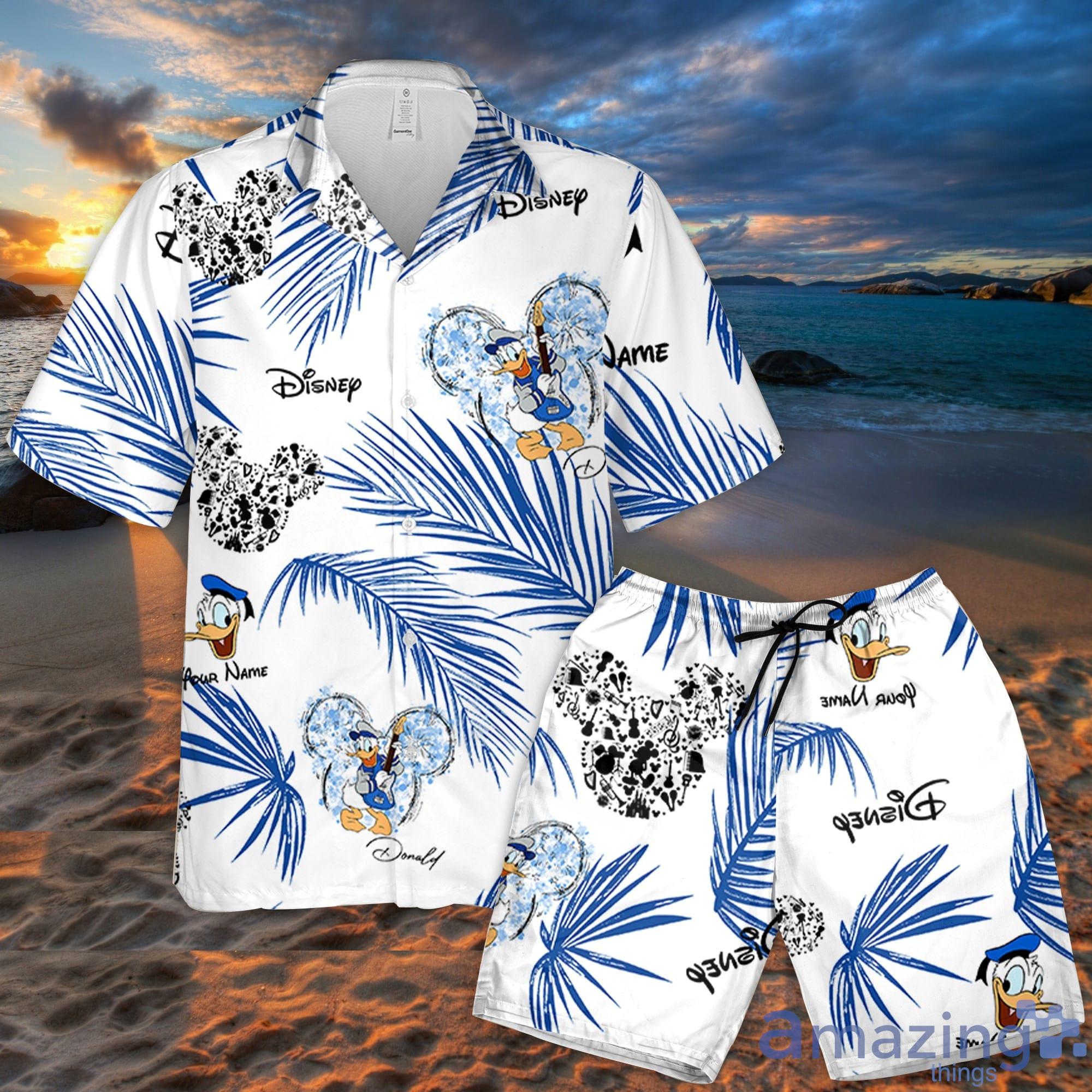 Custom Name Donald Music Palm Leaves Pattern 3D All Over Print Combo Hawaiian Shirt And Shorts Disneyland Beach Summer Gifts Disney Fans Product Photo 1