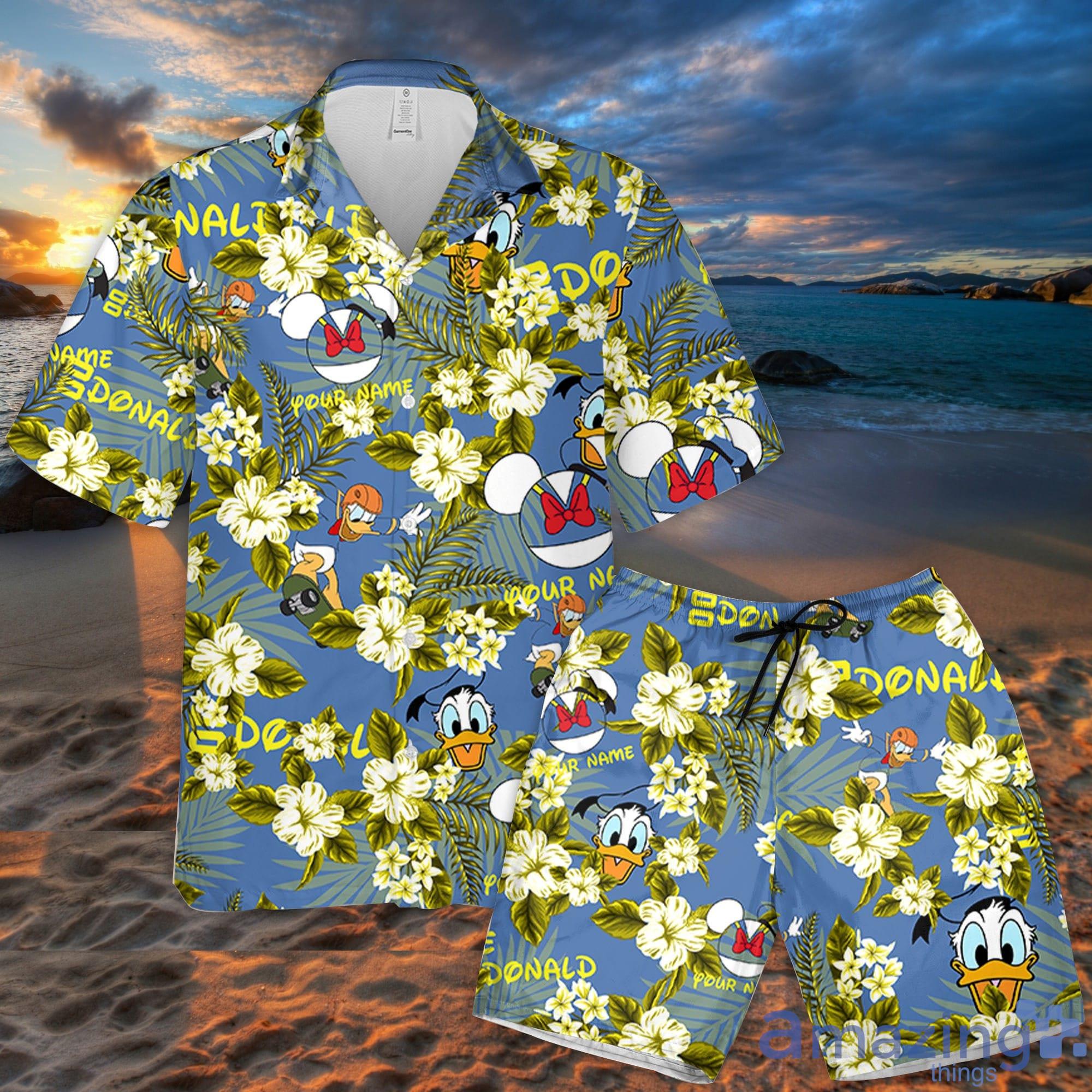 Custom Name Donald Skateboard Flowers Pattern 3D All Over Print Combo Hawaiian Shirt And Shorts Disneyland Beach Cute Gift For Fans Disney Product Photo 1