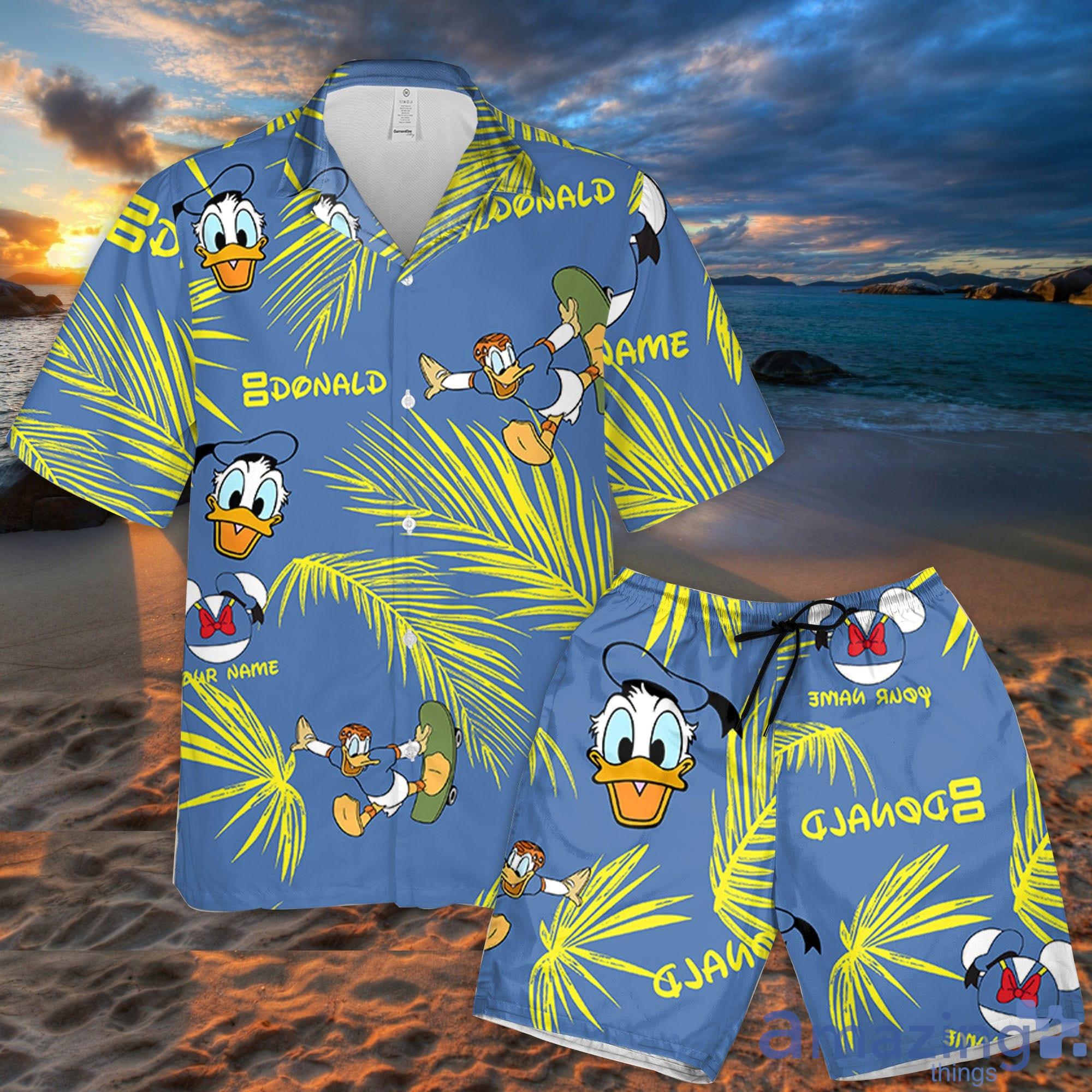Custom Name Donald Skateboard Funny Palm Leaves Pattern 3D All Over Print Combo Hawaiian Shirt And Shorts Disney Beach Cute Gifts For Fans Product Photo 1