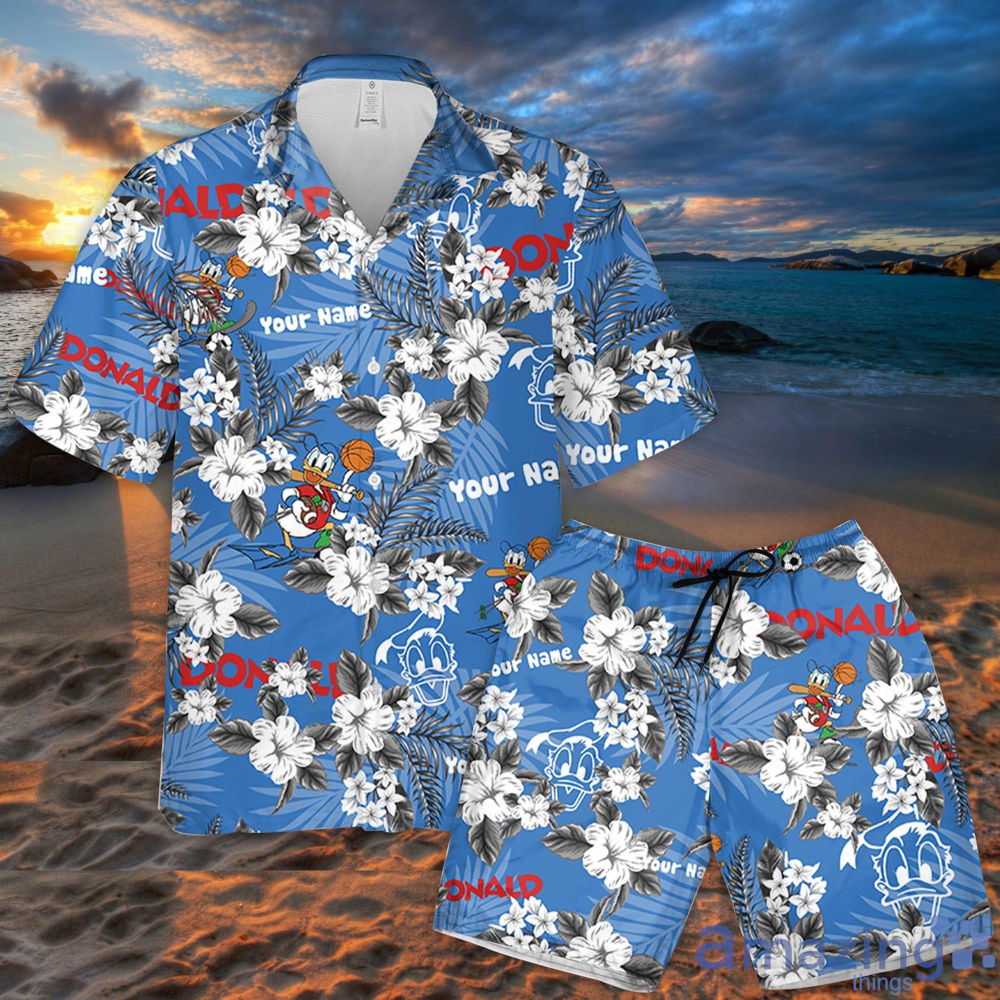 Custom Name Donald Sport Flowers Pattern 3D All Over Print Combo Hawaiian Shirt And Shorts Disneyland Beach Summer Gifts Disney Fans Product Photo 1