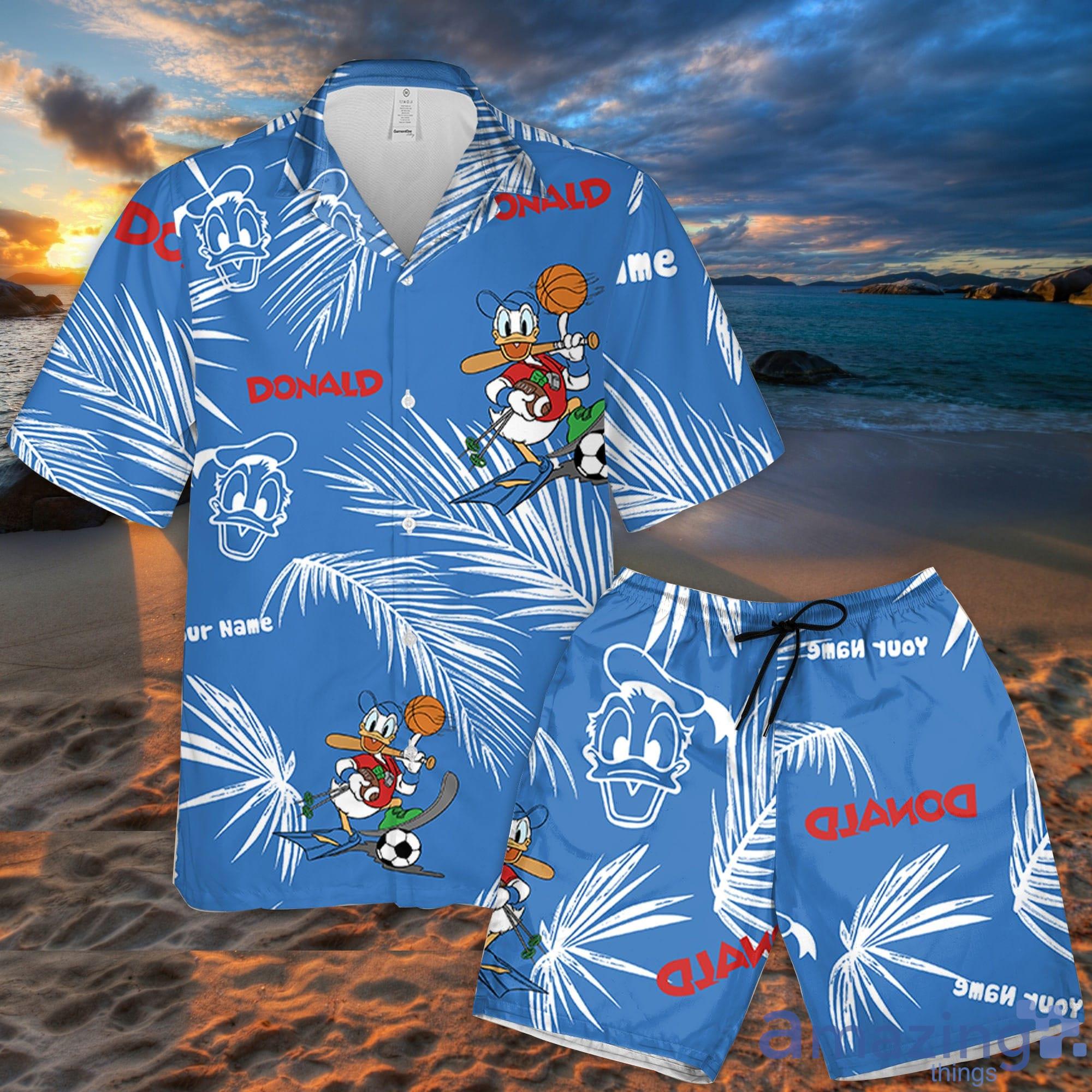 Custom Name Donald Sport Palm Leaves Pattern 3D All Over Print Combo Hawaiian Shirt And Shorts Disneyland Beach Summer Gifts Disney Fans Product Photo 1