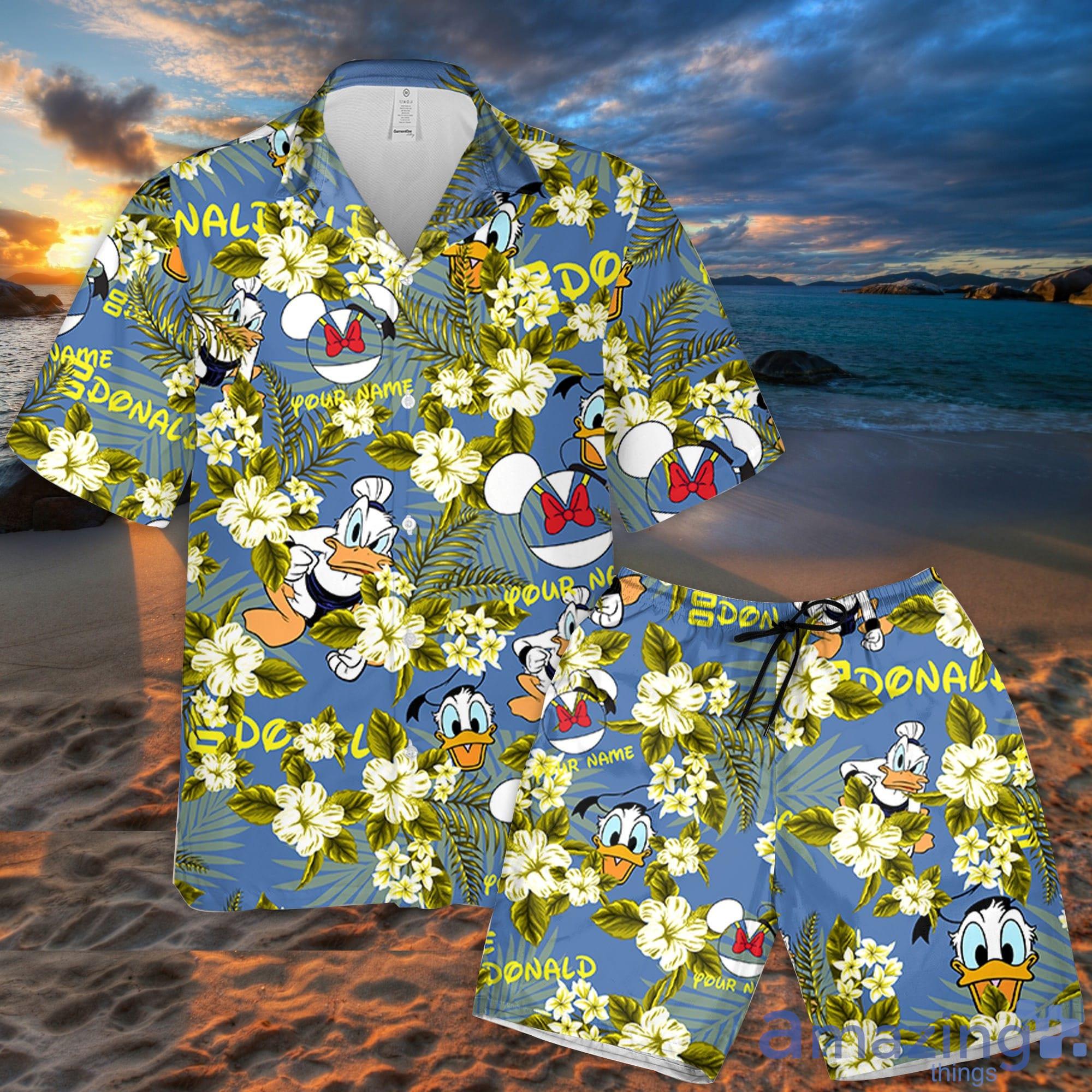 Custom Name Donald Sumo Flowers Pattern 3D All Over Print Combo Hawaiian Shirt And Shorts Disneyland Beach Summer Gifts Disney Fans Product Photo 1