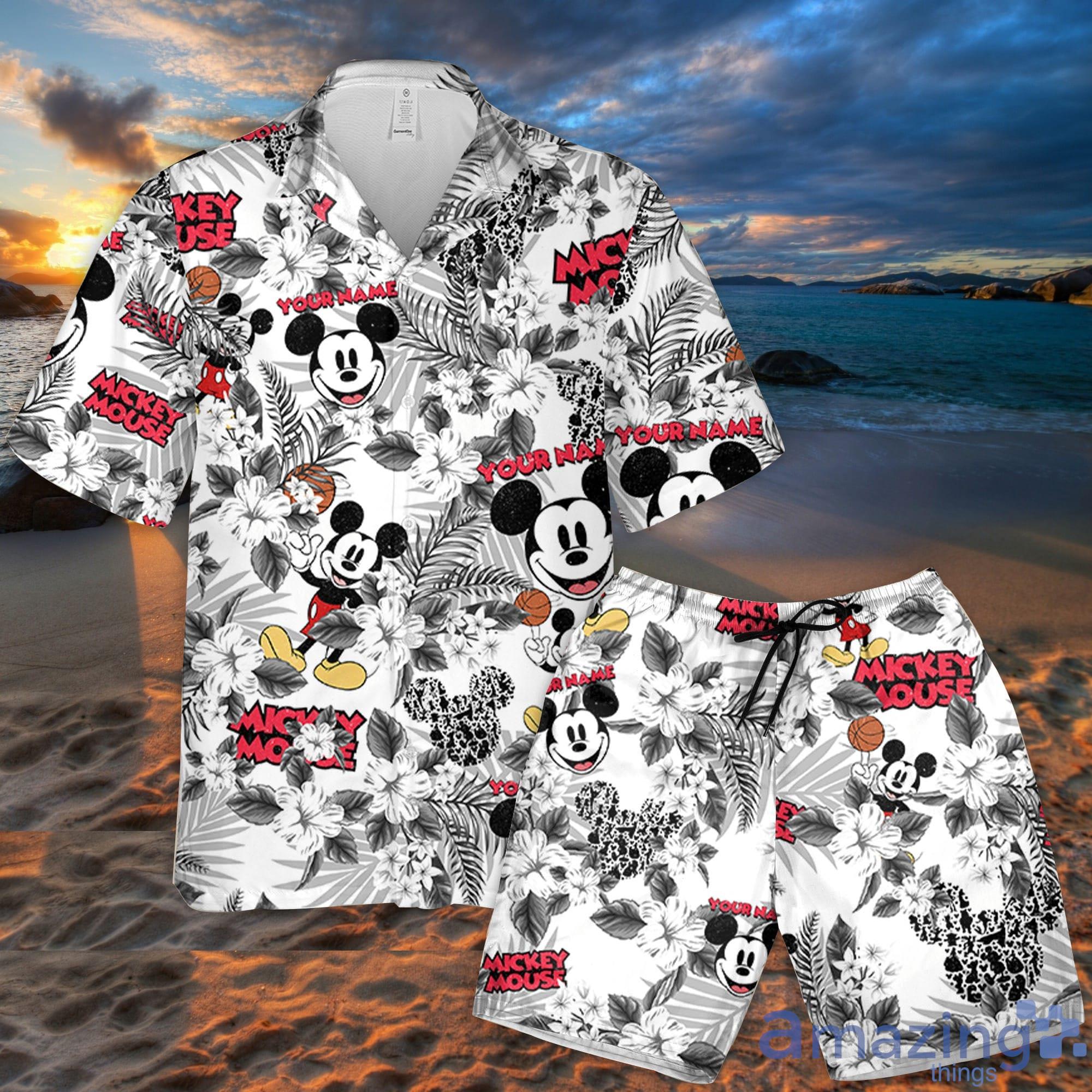 Custom Name Mickey And Ball Flowers Pattern 3D All Over Print Combo Hawaiian Shirt And Shorts Disneyland Beach Cute Gift For Fans Disney Product Photo 1