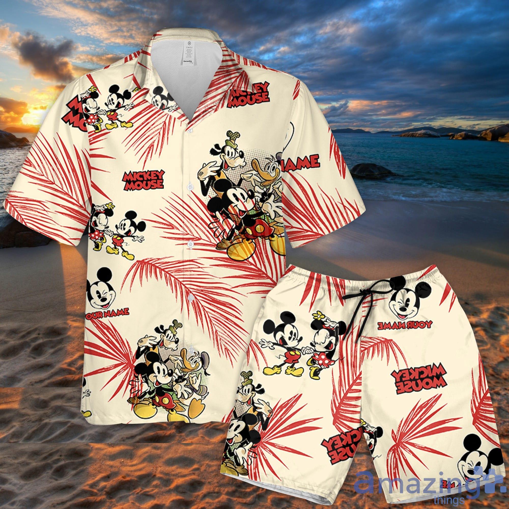 Custom Name Mickey And Friends Palm Leaves Pattern 3D All Over Print Combo Hawaiian Shirt And Shorts Disneyland Beach Cute Gifts For Fan Product Photo 1