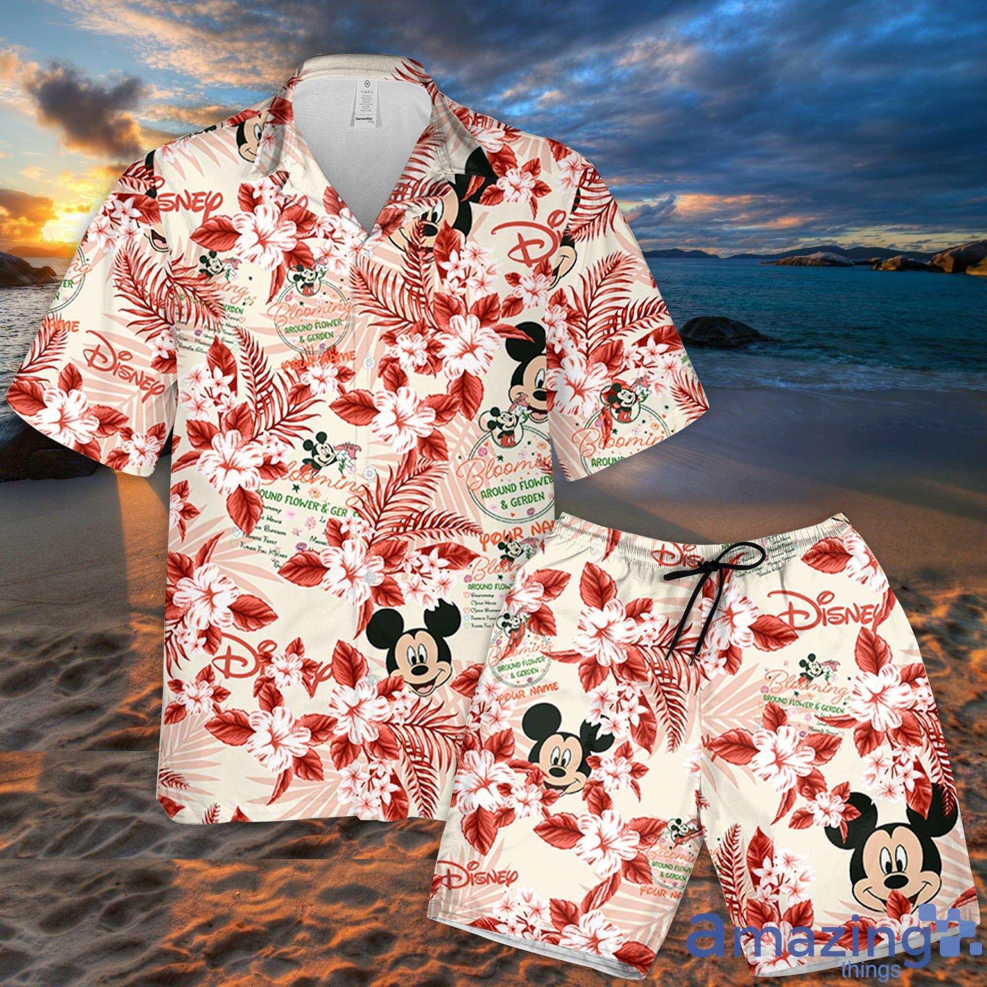 Custom Name Mickey Blooming Flowers Pattern 3D All Over Print Combo Hawaiian Shirt And Shorts Disneyland Beach Cute Gift For Fans Disney Product Photo 1