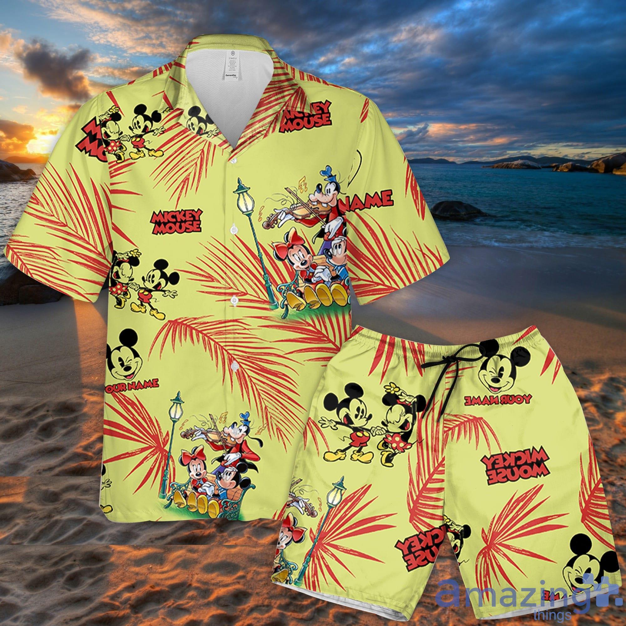 Custom Name Mickey Classic Group Green Palm Leaves Pattern 3D All Over Print Combo Hawaiian Shirt And Shorts Summer Gifts Disney Fans Product Photo 1