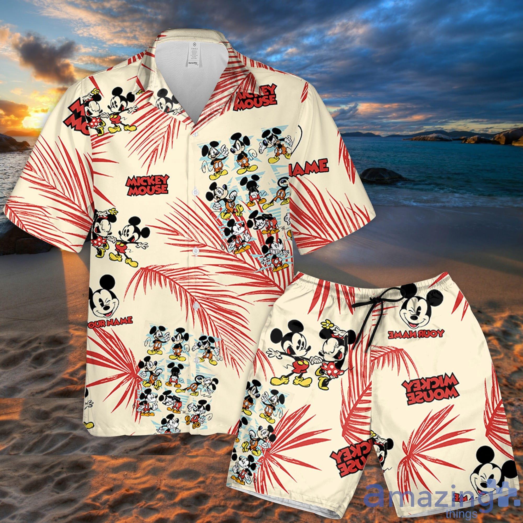 Custom Name Mickey Classic Lots Of Action Palm Leaves Pattern 3D All Over Print Combo Hawaiian Shirt And Shorts Summer Gifts Disney Fans Product Photo 1