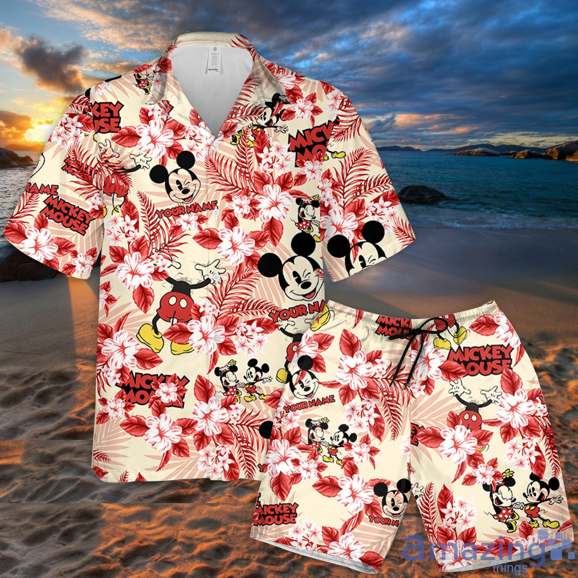 Custom Name Mickey Classic Stranded Flowers Pattern 3D All Over Print Combo Hawaiian Shirt And Shorts Disneyland Beach Cute Gift For Fan Product Photo 1