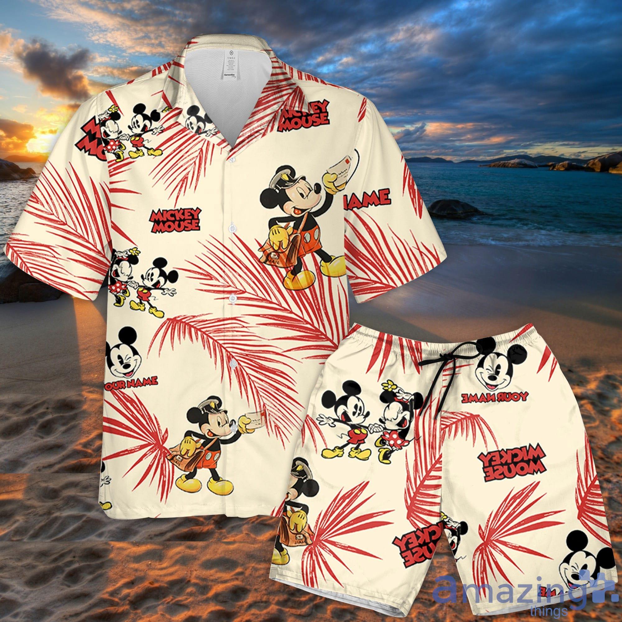 Custom Name Mickey Classic The Postman Palm Leaves Pattern 3D All Over Print Combo Hawaiian Shirt And Shorts Summer Gifts Disney Fans Product Photo 1