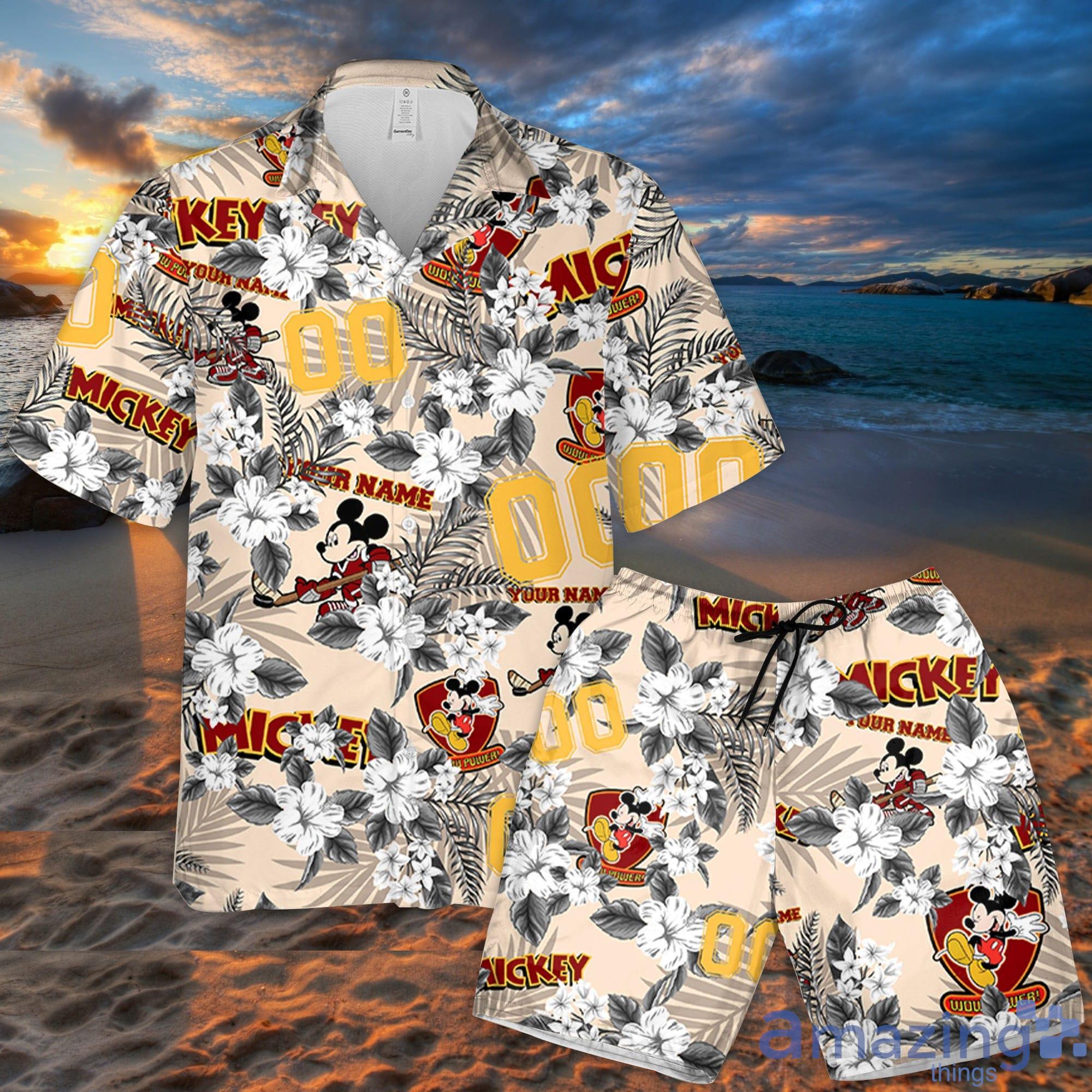 Custom Name Mickey Hockey Red Flowers Pattern 3D All Over Print Combo Hawaiian Shirt And Shorts Disneyland Beach Cute Gift For Fans Disney Product Photo 1