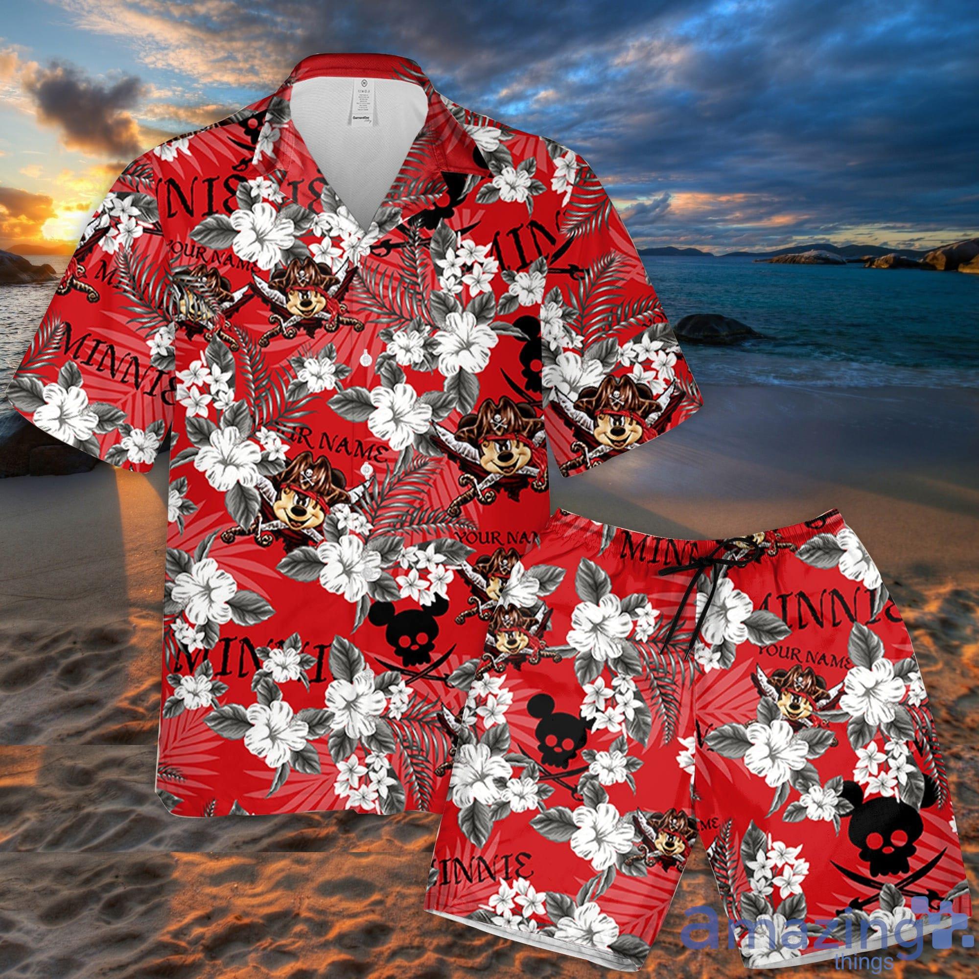 Custom Name Mickey Mouse Pirates Of The Caribbean Flowers Pattern 3D All Over Print Combo Hawaiian Shirt And Shorts Cute Gifts For Fans Product Photo 1