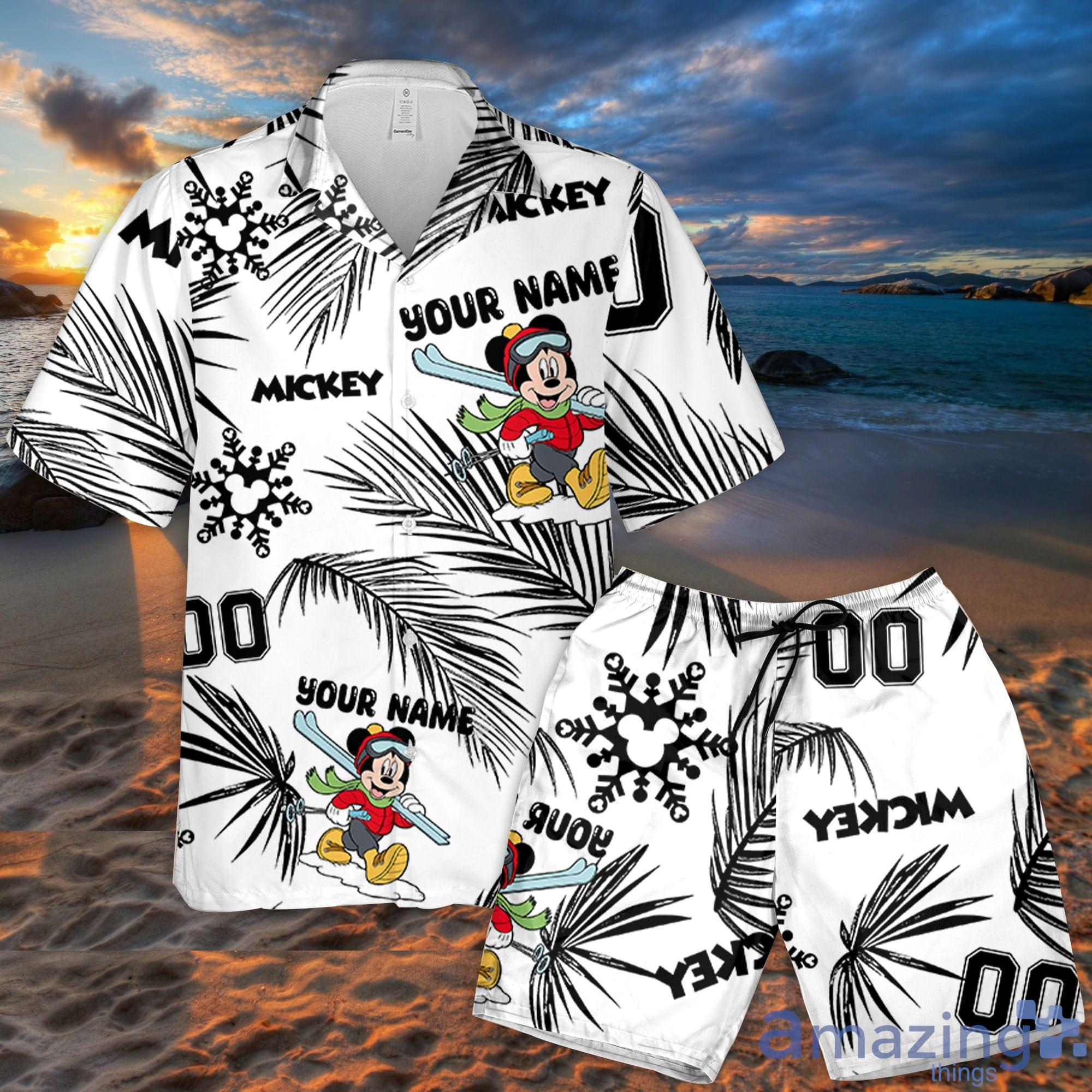 Custom Name Mickey Snow Palm Leaves Pattern 3D All Over Print Combo Hawaiian Shirt And Shorts Disneyland Beach Cute Gift For Fans Disney Product Photo 1
