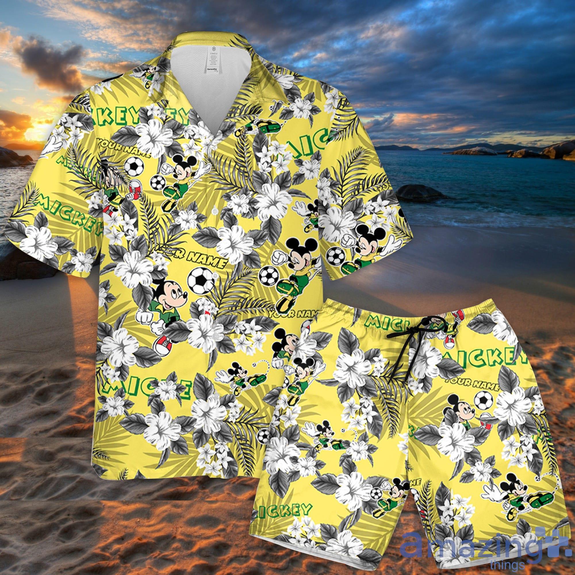 Custom Name Mickey Soccer Flowers Pattern 3D All Over Print Combo Hawaiian Shirt And Shorts Disneyland Beach Summer Gifts Disney Fans Product Photo 1