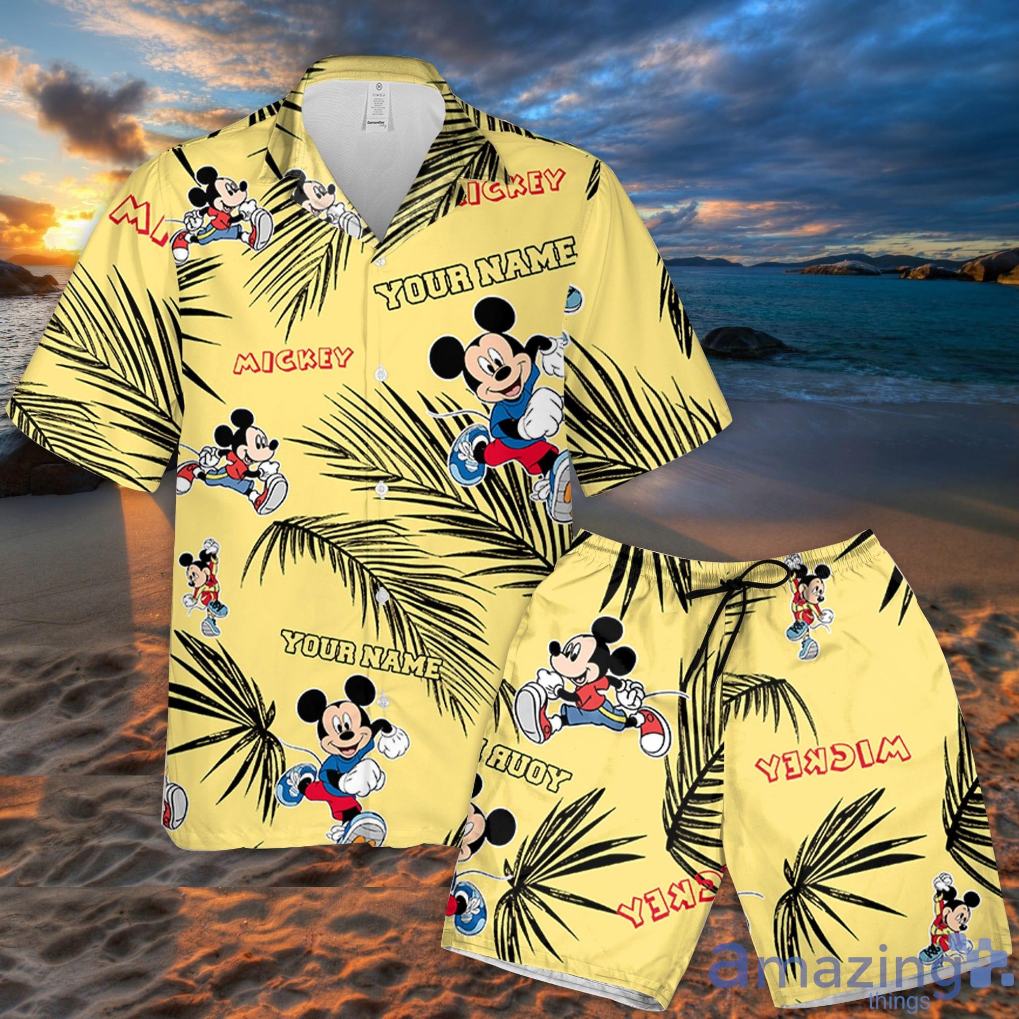 Custom Name Mickey Sport Run Palm Leaves Pattern 3D All Over Print Combo Hawaiian Shirt And Shorts Disneyland Beach Cute Gifts For Fans Product Photo 1