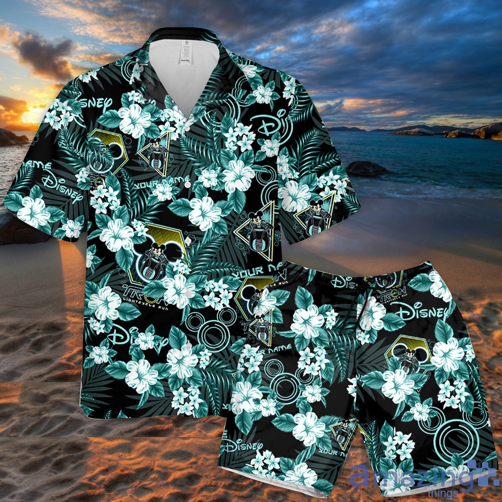 Custom Name Mickey Tron Flowers Pattern 3D All Over Print Combo Hawaiian Shirt And Shorts Disneyland Beach Summer Gifts Disney Fans Product Photo 1