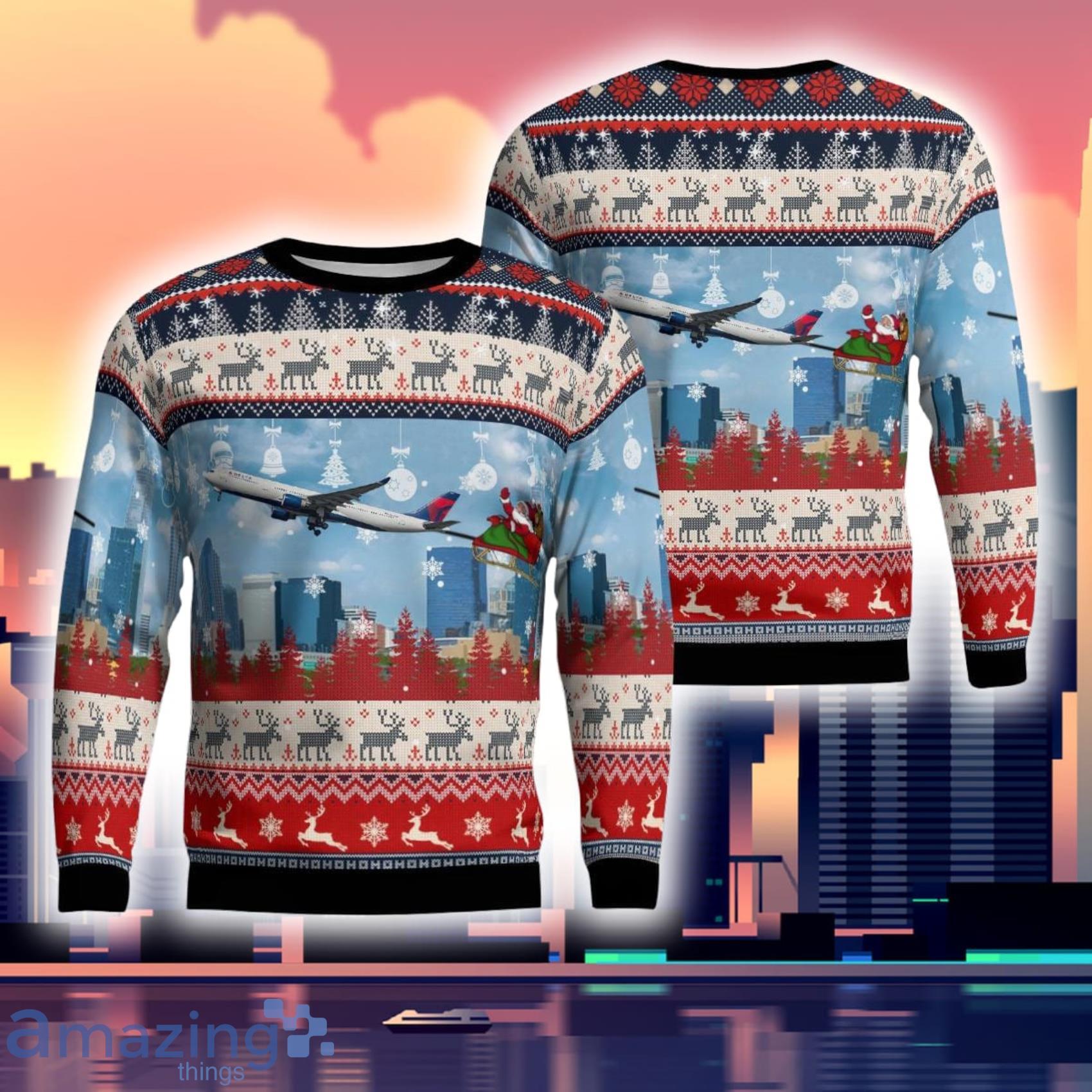Delta Air Lines A330 300 With Santa Over Charlotte Christmas 3D Ugly Sweater Product Photo 1