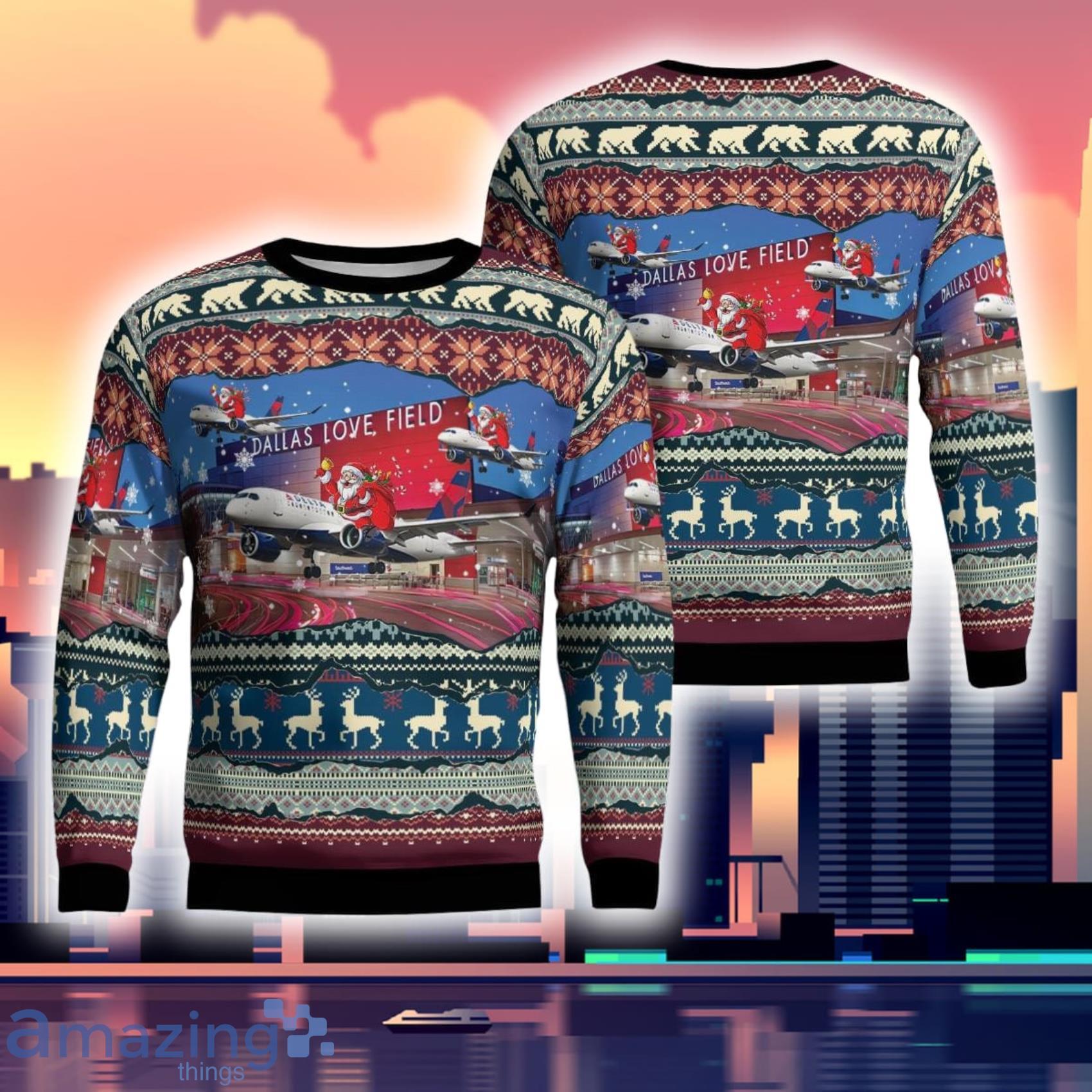 Delta Air Lines Airbus A220 300 Flying Over Dallas Love Field Christmas 3D Ugly Sweater Product Photo 1