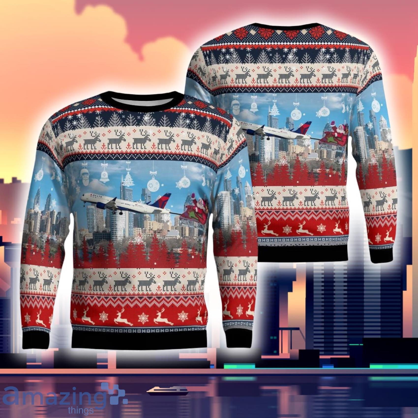 Delta Air Lines Airbus A220 300 With Santa Over Philadelphia Christmas 3D Ugly Sweater Product Photo 1
