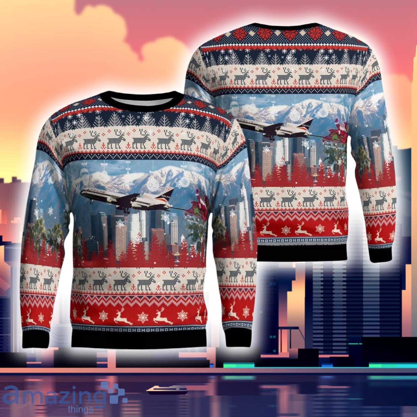 Delta Air Lines Lockheed L 1011 500 With Santa Over Los Angeles Christmas 3D Ugly Sweater Product Photo 1