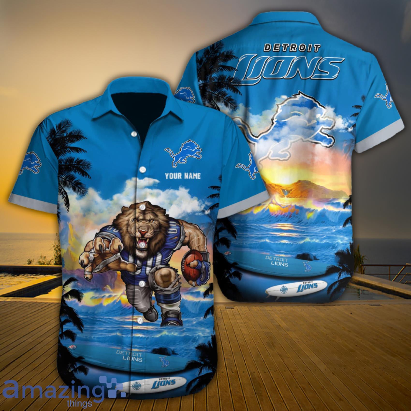 Detroit Lions NFL Custom Name Mascot And Sunset Beach All Over Print  Hawaiian Shirt
