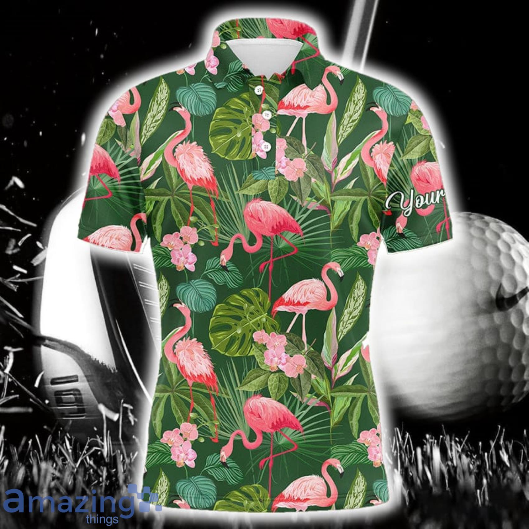 Flamingo Green Tropical Palm Leaves Pattern Custom Name Polo Shirt For Men And Women Gift For Golfer Product Photo 1
