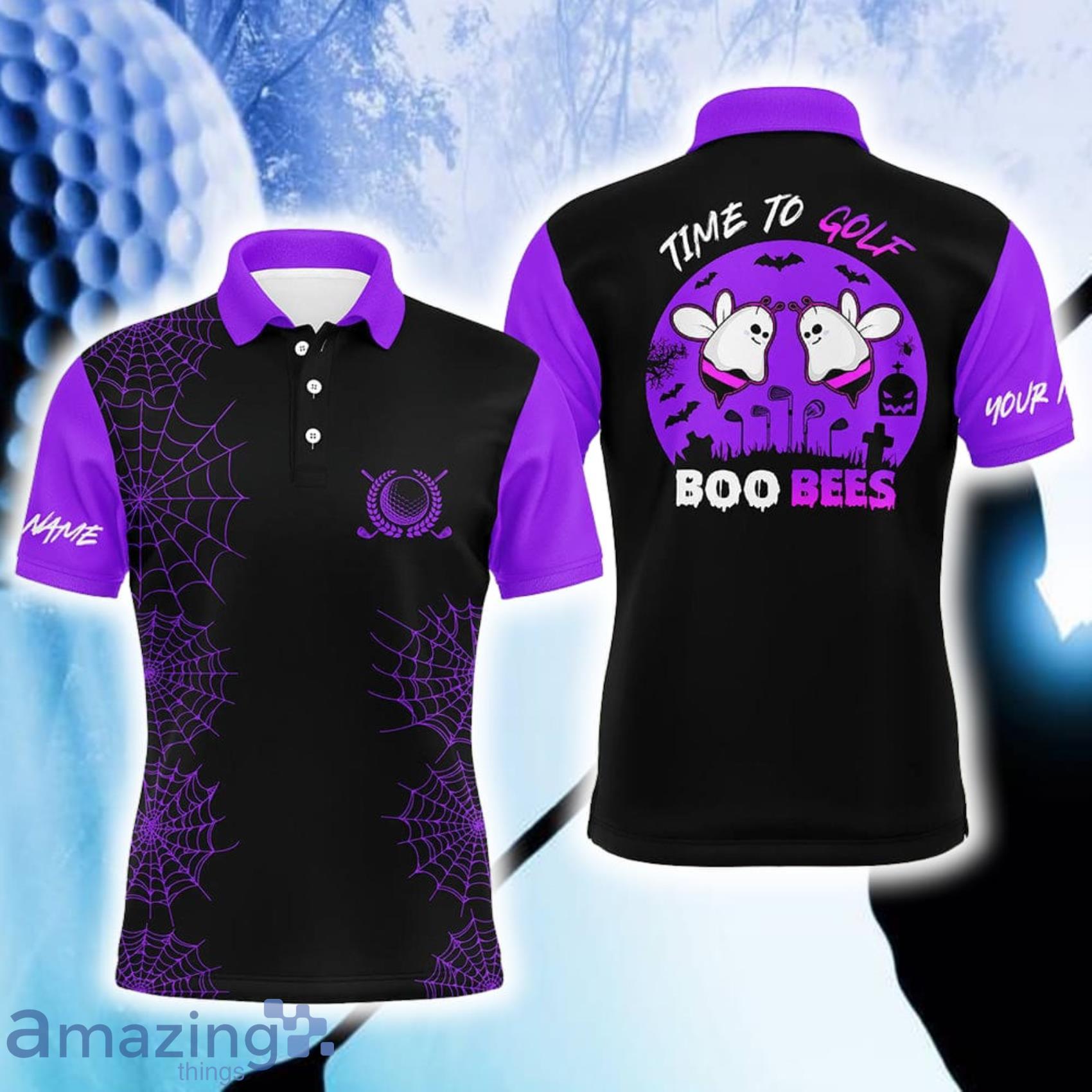 Funny Black Purple Halloween Custom Name Time To Golf Boo Bees Polo Shirt For Men And Women Gift For Golfer Product Photo 1