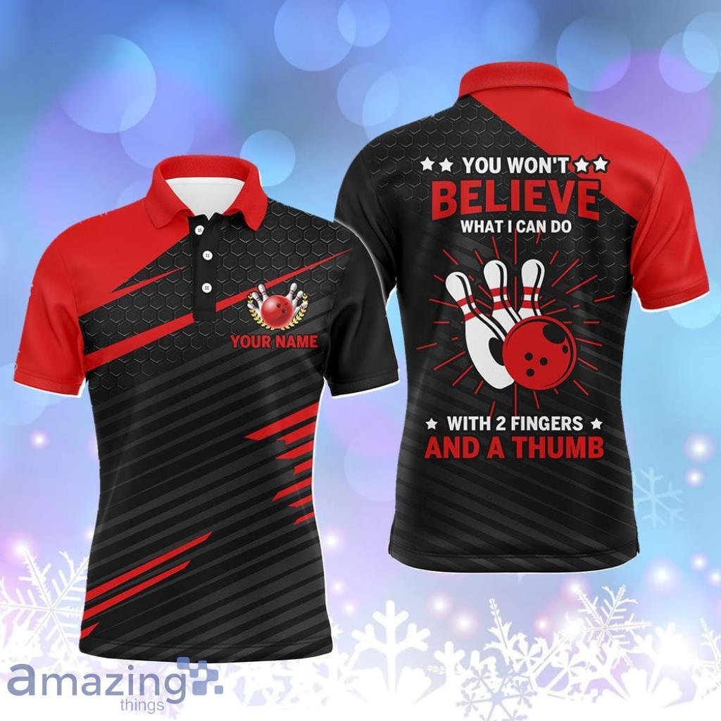 Funny Bowling Polo Shirt For Men, Red & Black Custom Name Bowling Jersey, 2 Fingers And A Thumb Product Photo 1