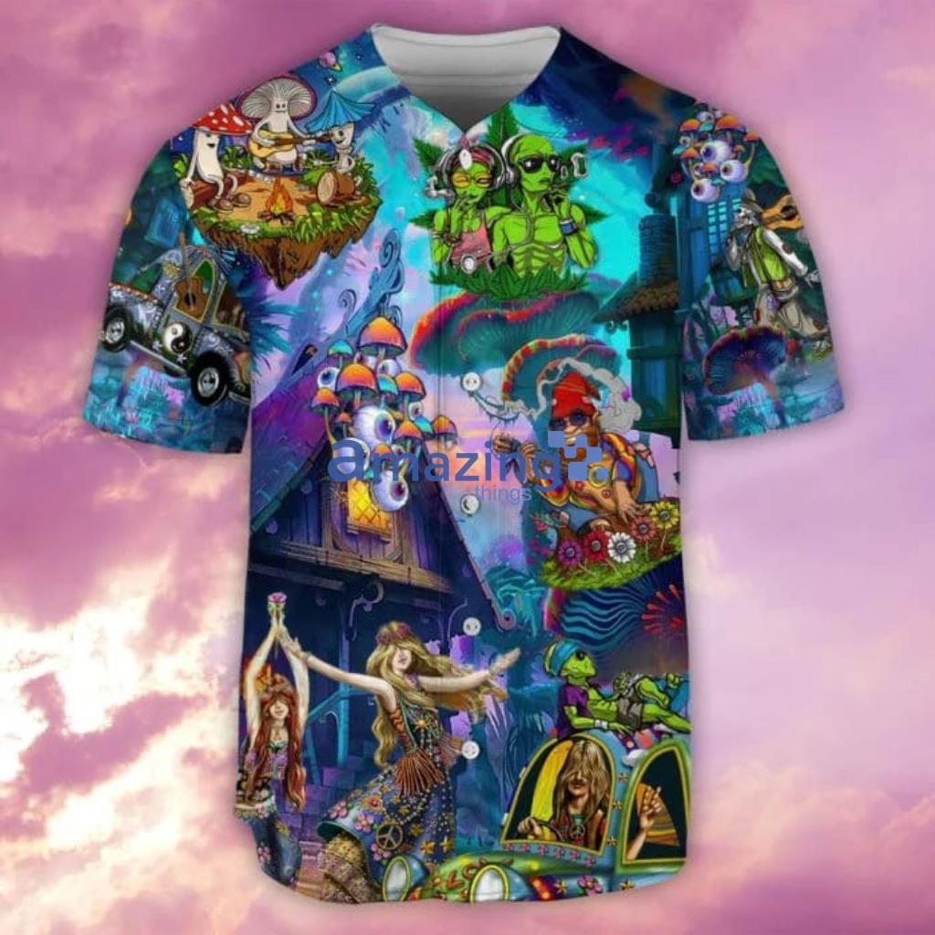 Hippie Alien Skull Mushroom Peace Life Color Baseball Jersey Product Photo 1 Hippie Alien Skull Mushroom Peace Life Color Baseball Jersey Product Photo 1