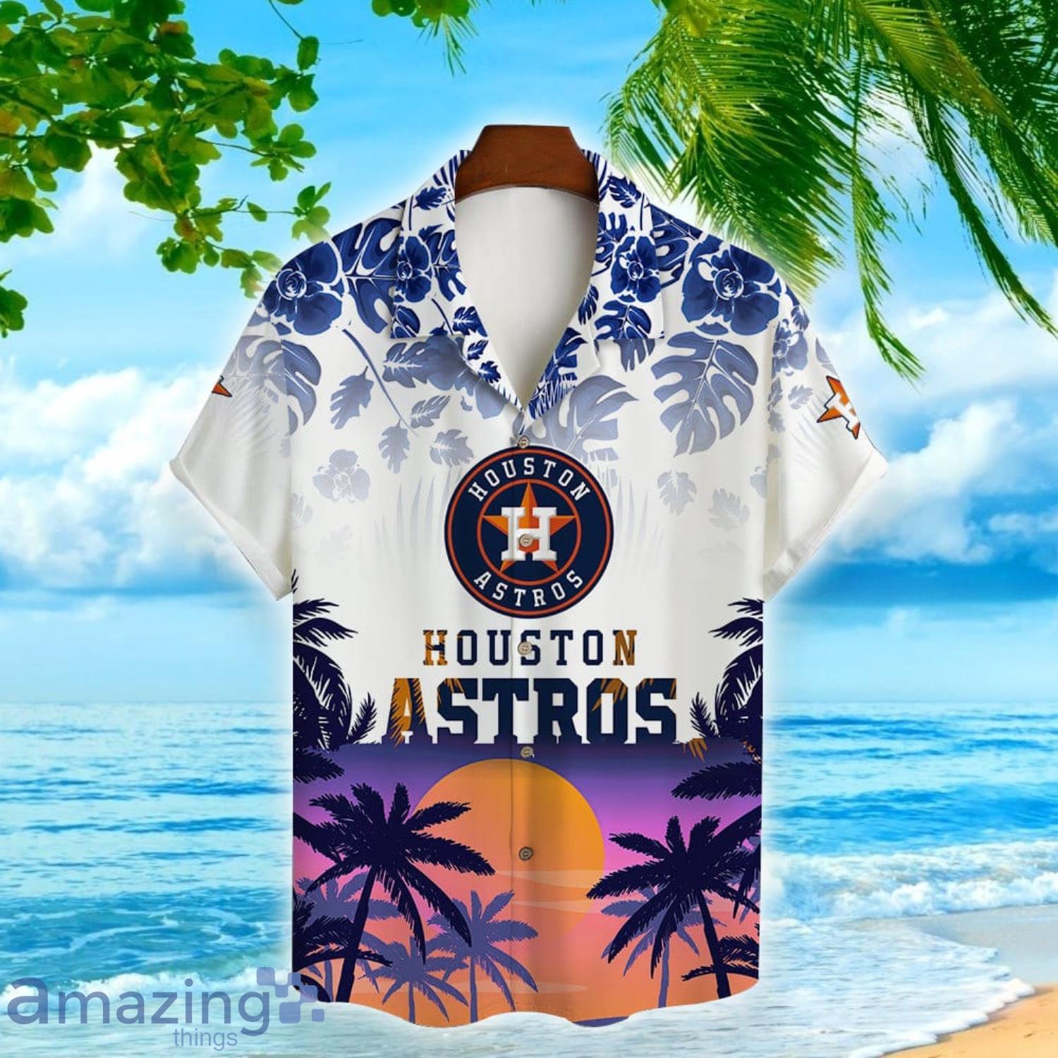 Personalized Houston Astros Logo Full Printing Short Sleeve Dress Shirt  Hawaiian Summer Aloha Beach Shirt - Orange Navy - Senprintmart Store