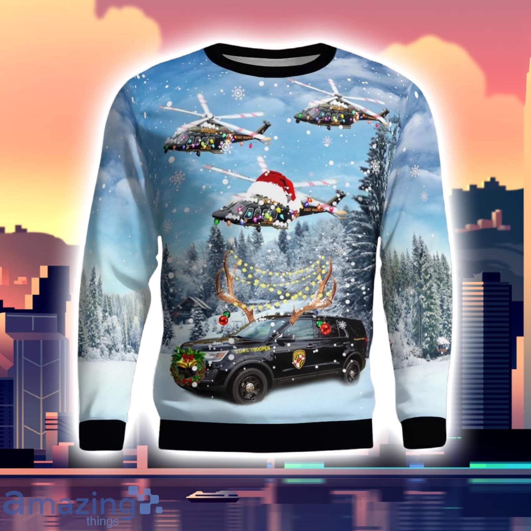 Maryland State Police Car And Agustawestland Aw139 Helicopter 3D Ugly Sweater image Maryland State Police Car And Agustawestland Aw139 Helicopter 3D Ugly Sweater Product Photo 2