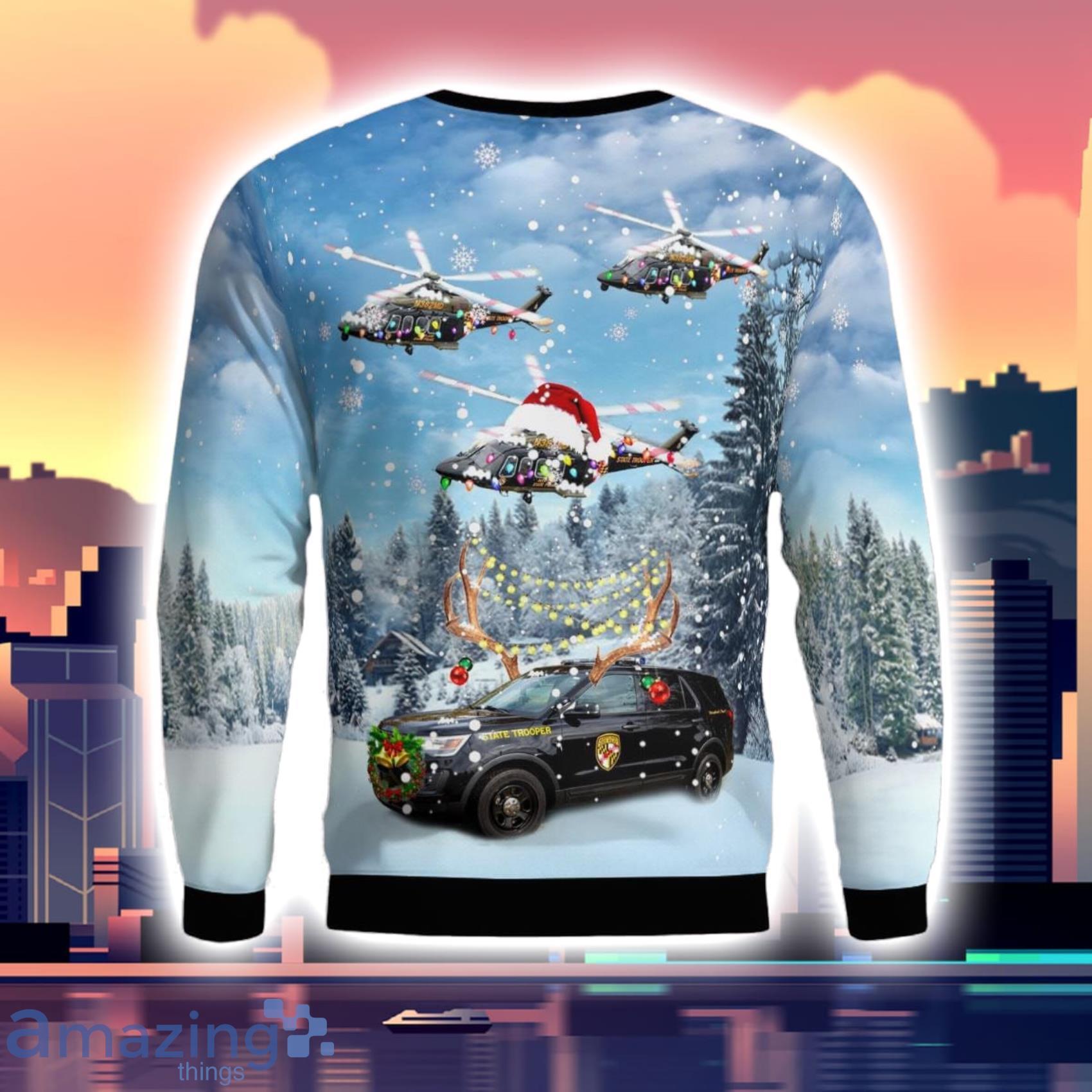 Maryland State Police Car And Agustawestland Aw139 Helicopter 3D Ugly Sweater image Maryland State Police Car And Agustawestland Aw139 Helicopter 3D Ugly Sweater Product Photo 3