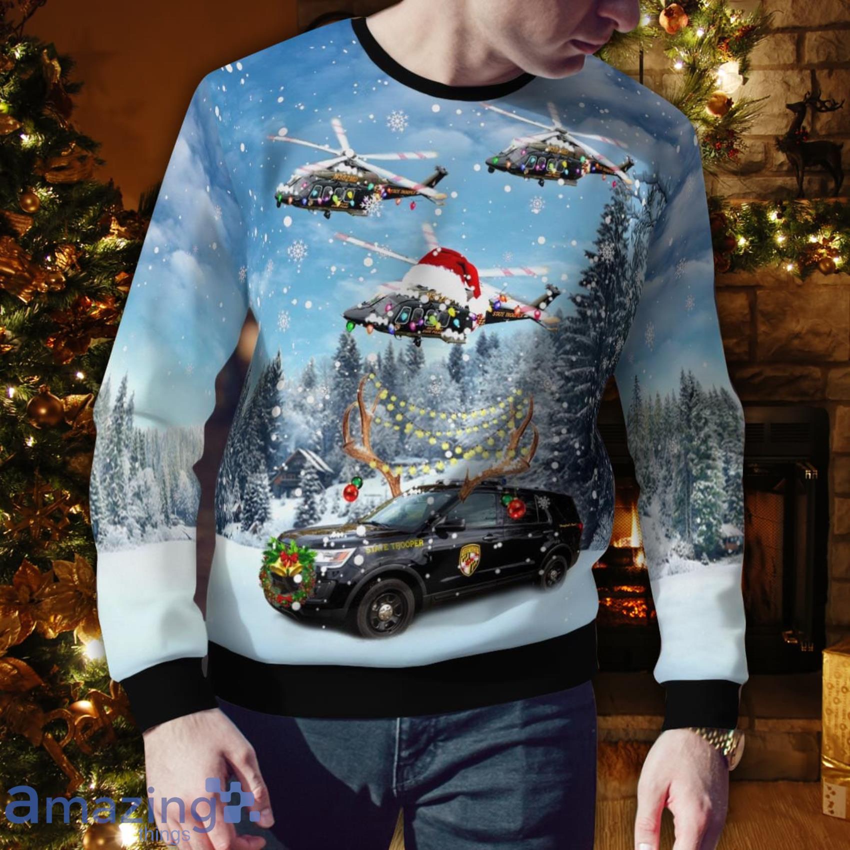 Maryland State Police Car And Agustawestland Aw139 Helicopter 3D Ugly Sweater image Maryland State Police Car And Agustawestland Aw139 Helicopter 3D Ugly Sweater Product Photo 4