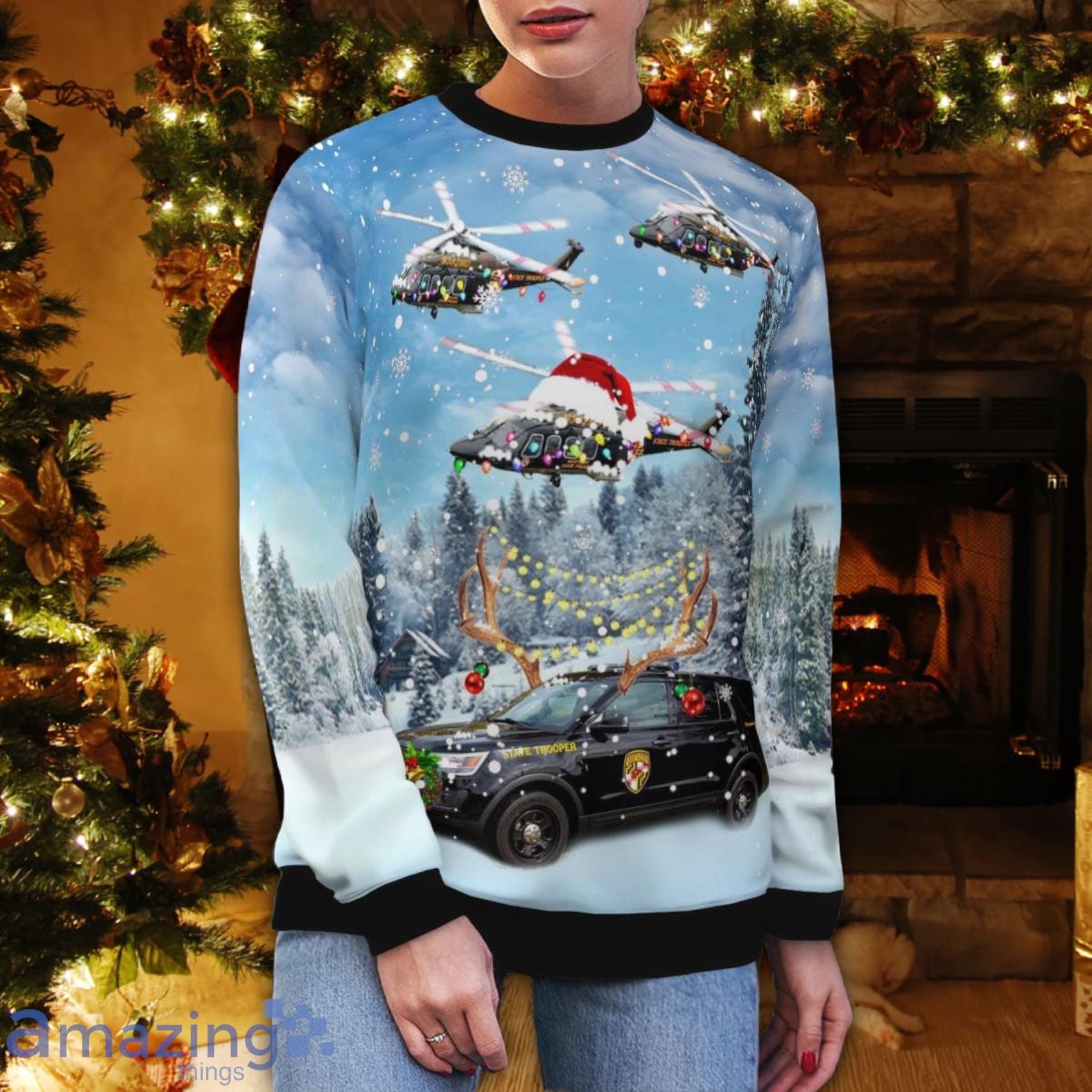 Maryland State Police Car And Agustawestland Aw139 Helicopter 3D Ugly Sweater image Maryland State Police Car And Agustawestland Aw139 Helicopter 3D Ugly Sweater Product Photo 5