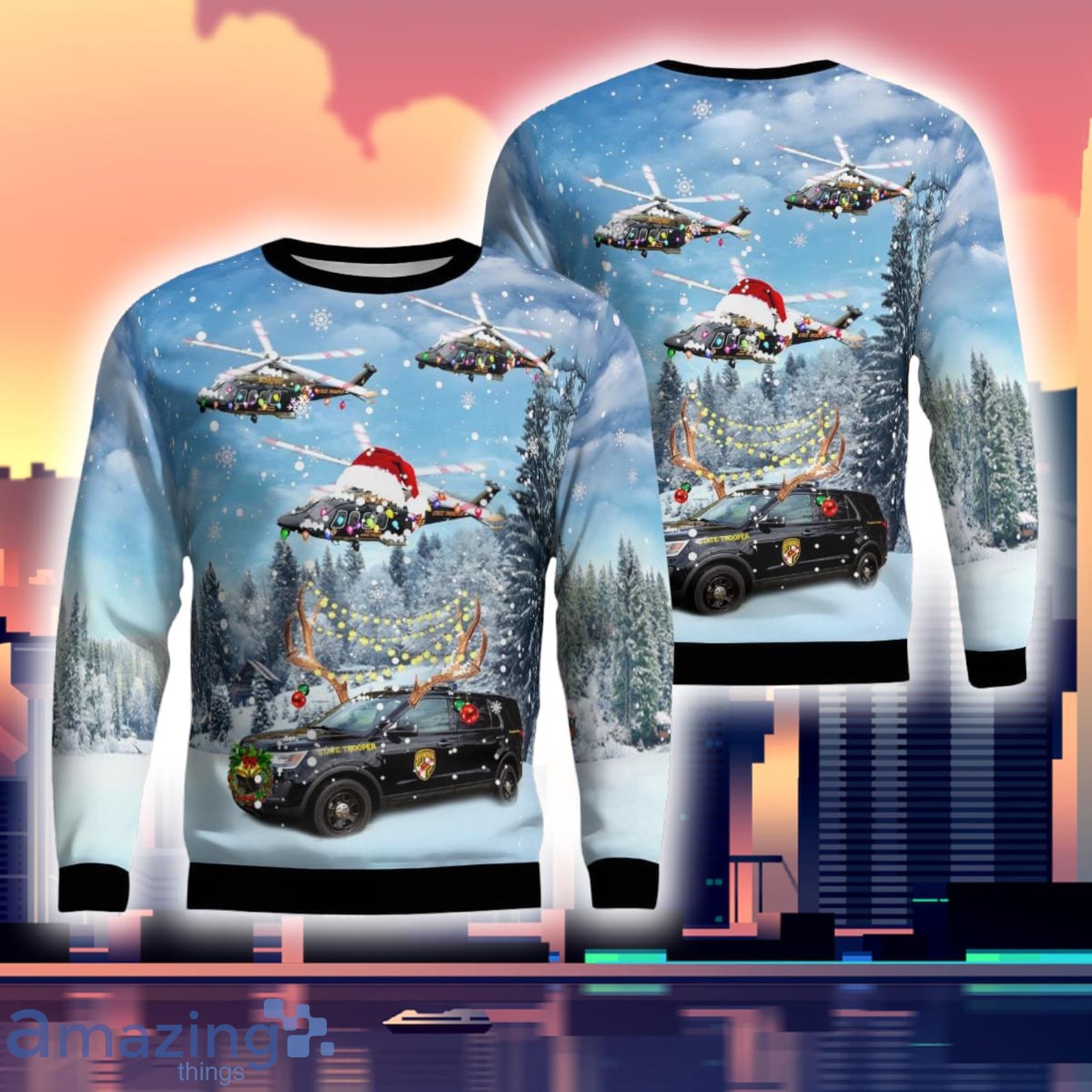 Maryland State Police Car And Agustawestland Aw139 Helicopter 3D Ugly Sweater Product Photo 1