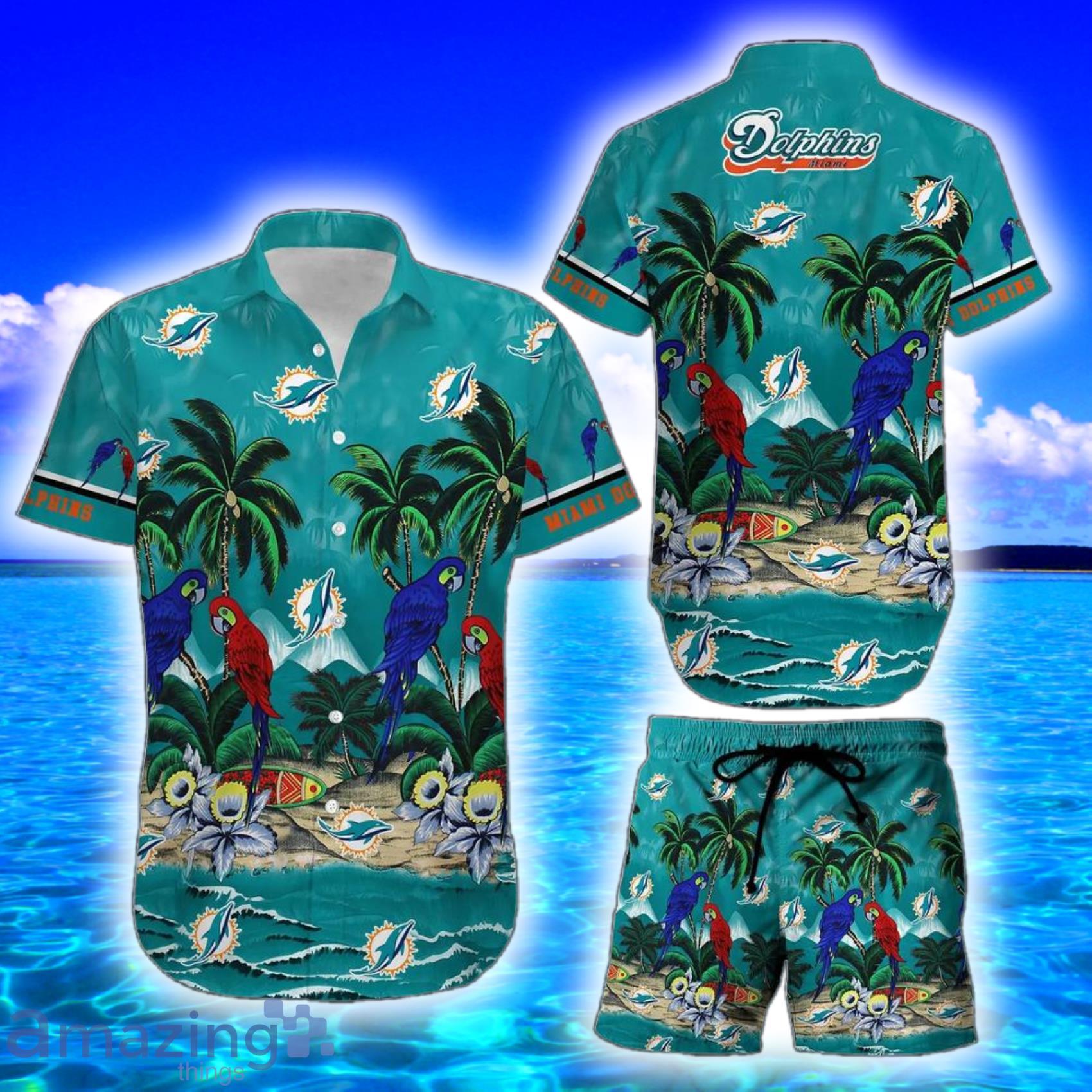 Miami Dolphins Nfl Football Pariot Birds And Palm Trees Island Graphic DS Hawaiian Shirt And Short Product Photo 1 Miami Dolphins Nfl Football Pariot Birds And Palm Trees Island Graphic DS Hawaiian Shirt And Short Product Photo 1