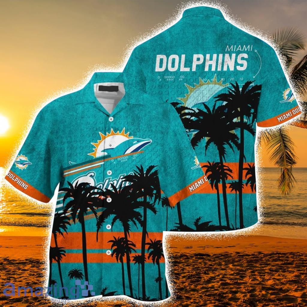 Miamii Dolphin Hawaiian Shirt Coconut Tree Aqua Orange 