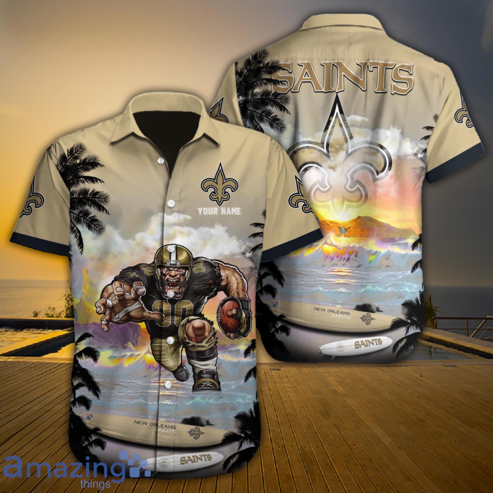 New Orleans Saints NFL Custom Name Mascot And Sunset Beach All Over Print  Hawaiian Shirt