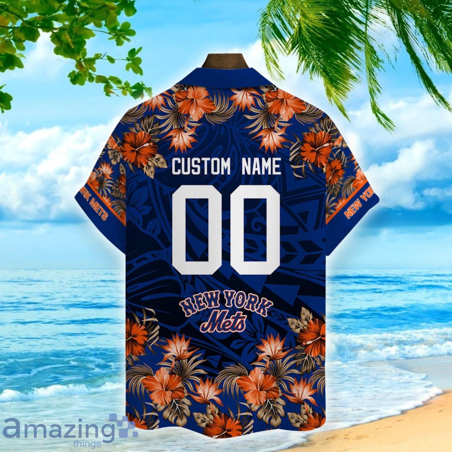 New York Mets Polynesian Flower Pattern Hawaiian Shirt Custom Name And Number For Fans image New York Mets Polynesian Flower Pattern Hawaiian Shirt Custom Name And Number For Fans Product Photo 2