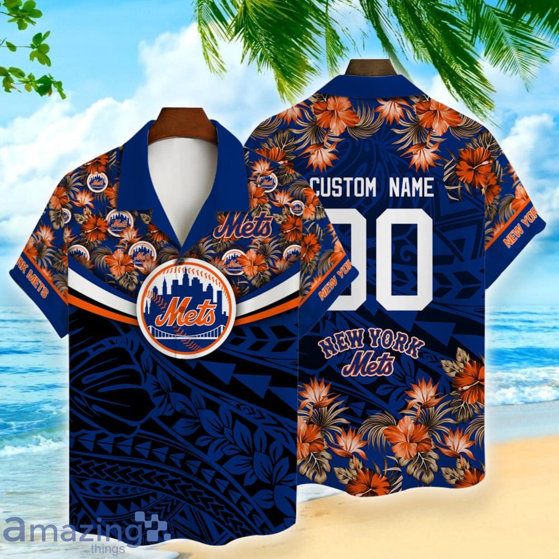New York Mets Polynesian Flower Pattern Hawaiian Shirt Custom Name And Number For Fans Product Photo 1 New York Mets Polynesian Flower Pattern Hawaiian Shirt Custom Name And Number For Fans Product Photo 1