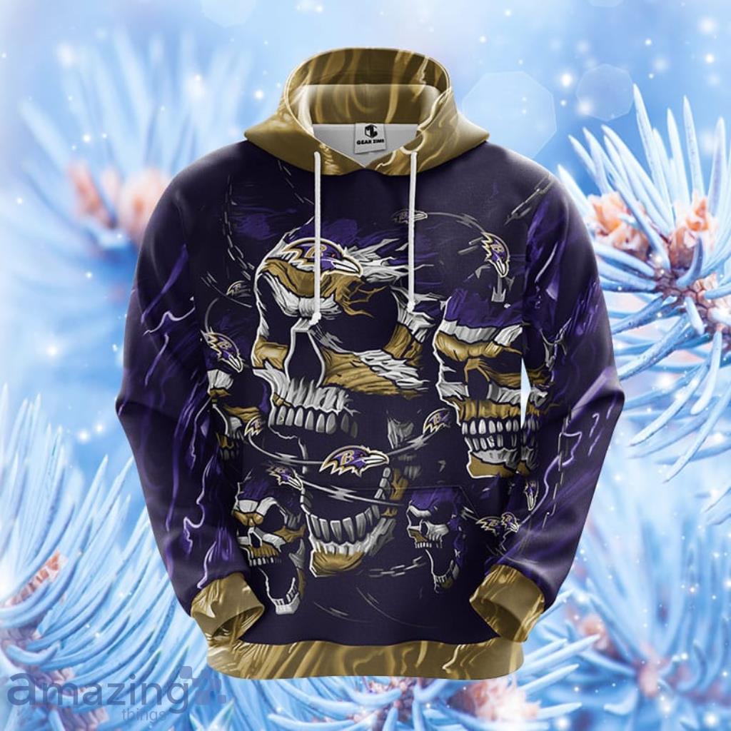 NFL Baltimore Ravens Skull Funny Violet Hoodie, Zip Hoodie 3D All Over Print For Fans Product Photo 1