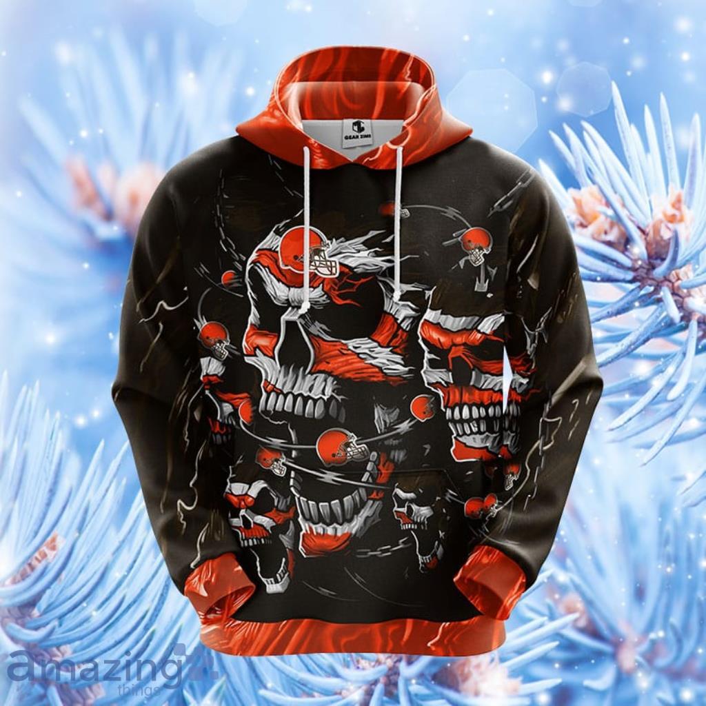 NFL Cleveland Browns Skull Funny Orange Hoodie, Zip Hoodie 3D All Over Print For Fans Product Photo 1