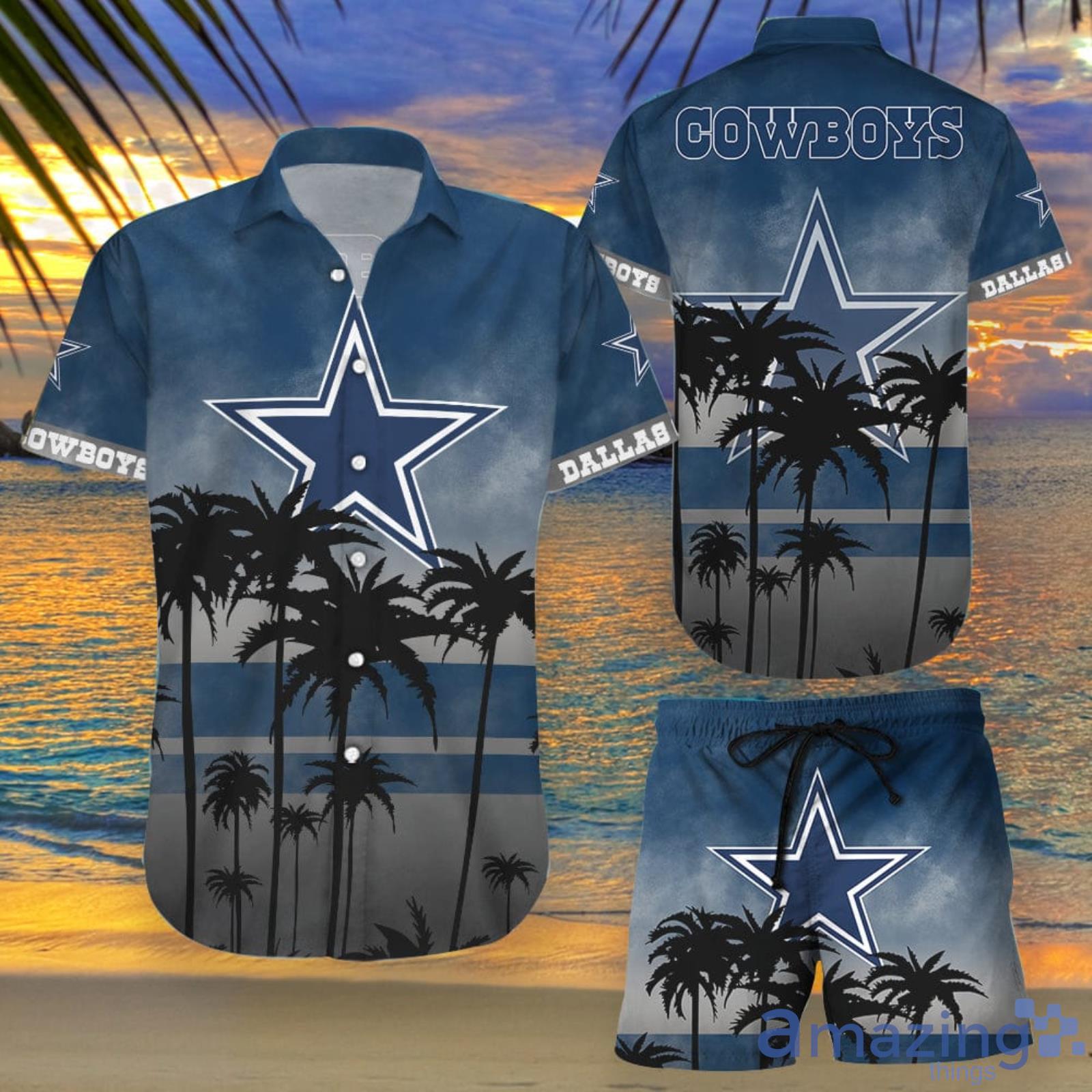 Dallas Cowboys 2 Piece Hawaiian Shirts Beach Shorts Set Casual Zip up Shirts