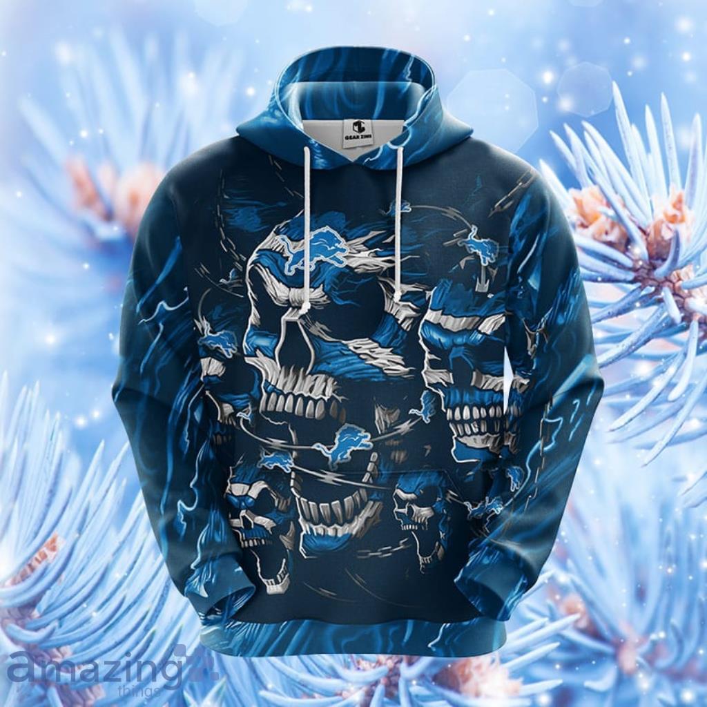 NFL Detroit Lions Skull Funny Blue Hoodie, Zip Hoodie 3D All Over Print For Fans Product Photo 1
