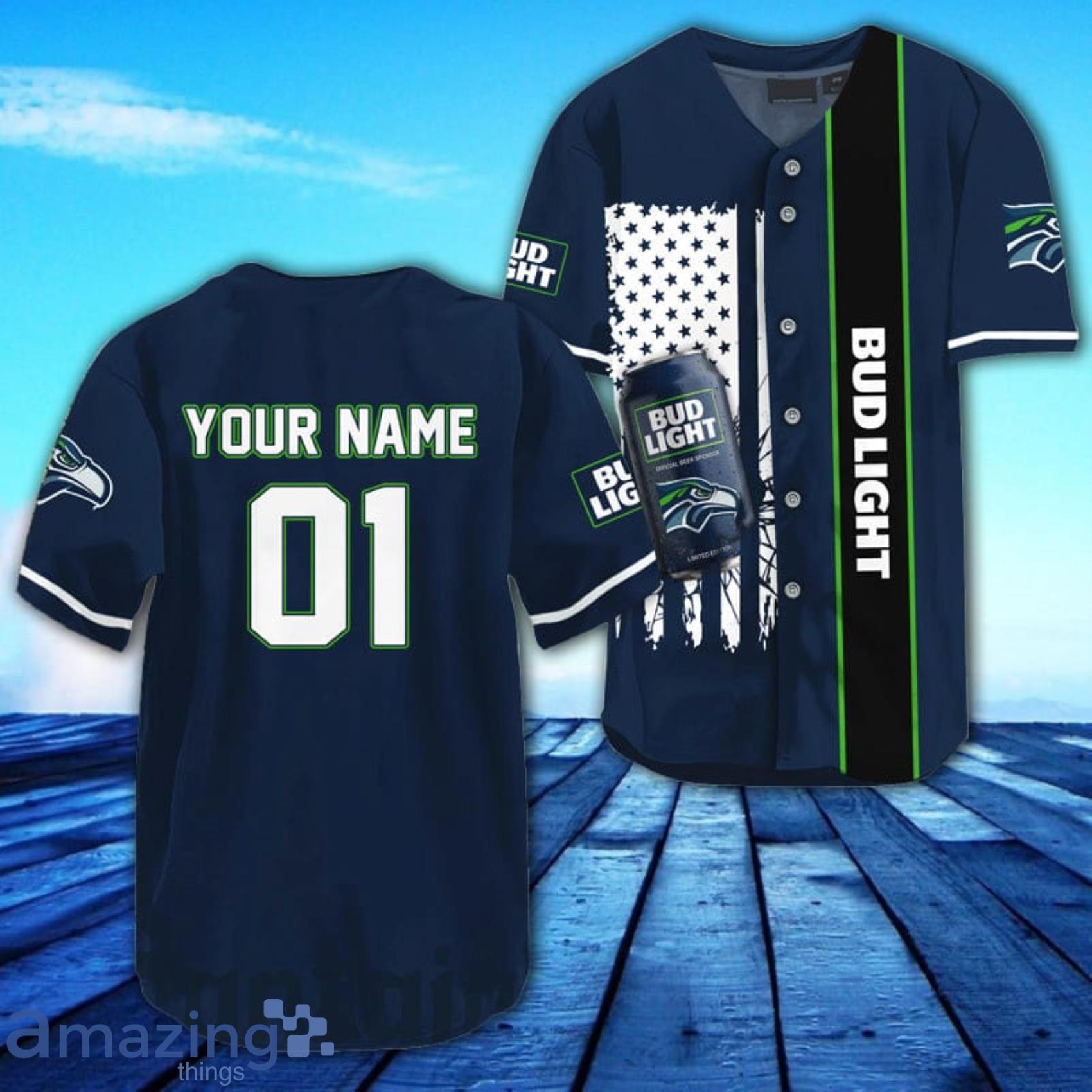 Personalized American Flag Bud Light Seahawk AOP Full Print Baseball Jersey Shirt Product Photo 1