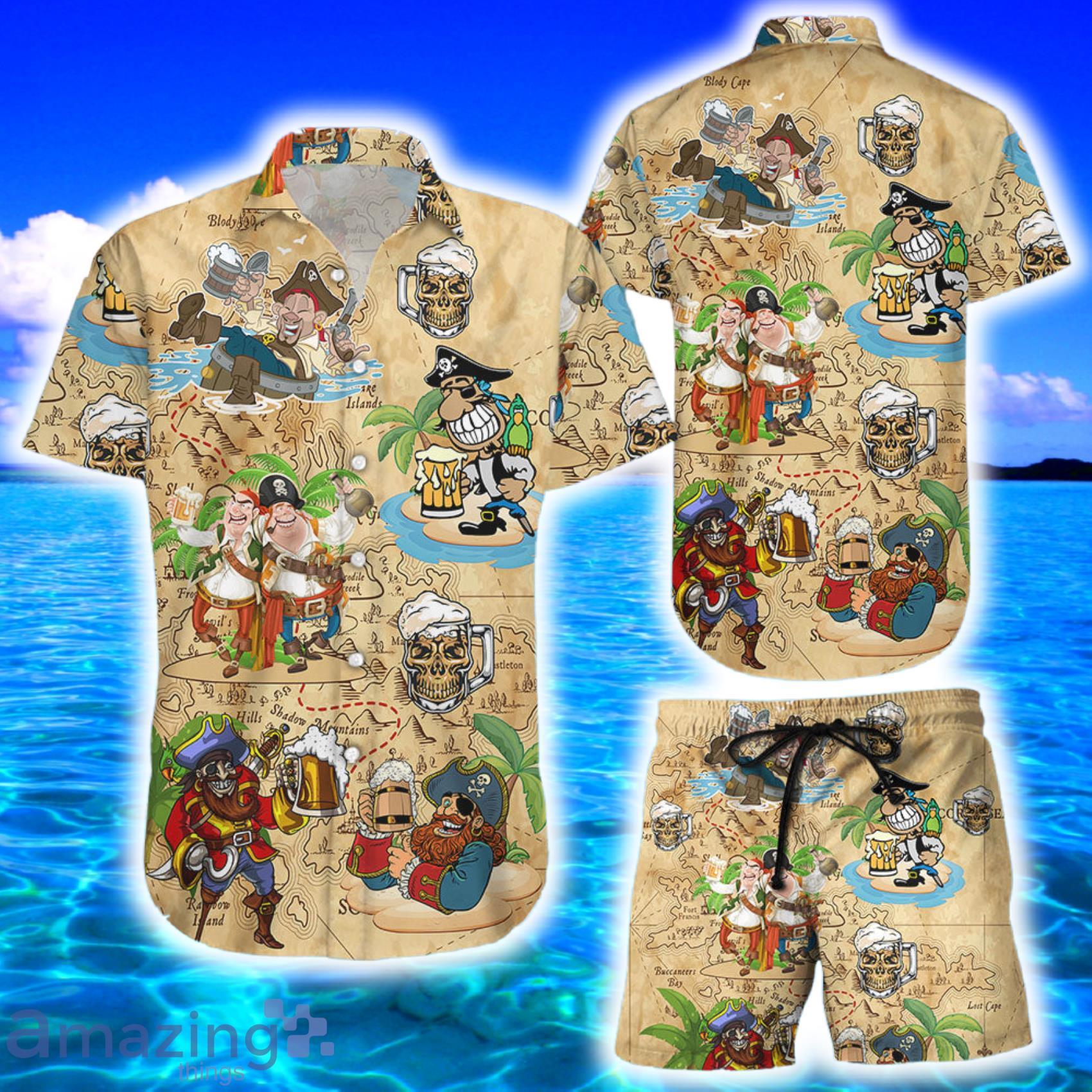 Pirates Hawaiian Shirt Aloha Skull Pirates Drinking Beer AOP Hawaiian Shirt And Bech Short Product Photo 1